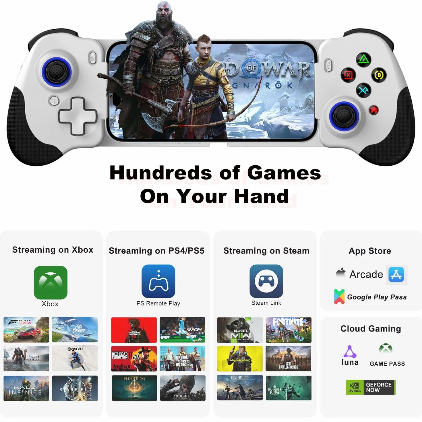 Controller da gioco mobile USB-C per iPhone 15 / iPhone 16 Series e Android, Gamepad per gioco remoto PS per PS5/PS4/Xbox/PC, Cloud Gaming, Joystick Hall/Grilletti Hall, COD, PUBG (Bianco)