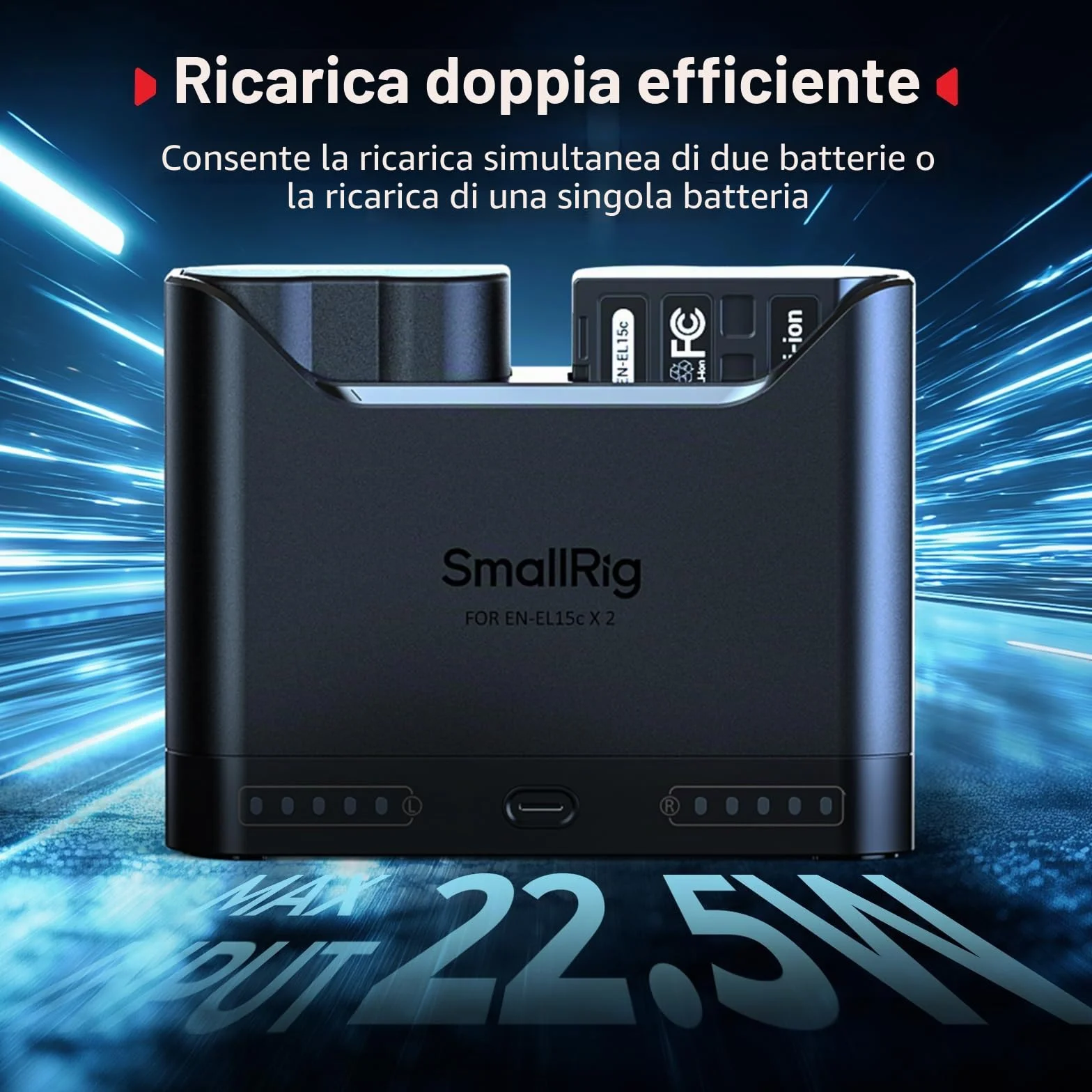 SMALLRIG Caricabatterie EN-EL15c per Nikon, caricabatteria doppio slot da 2 ore, porta USB-C da 22,5 W, per Nikon ZR, Z6III, Zf, Z8, Z7II, Z7, Z6II, Z6, D850, D810, D780, D750, D500, D7500, D7200-5491