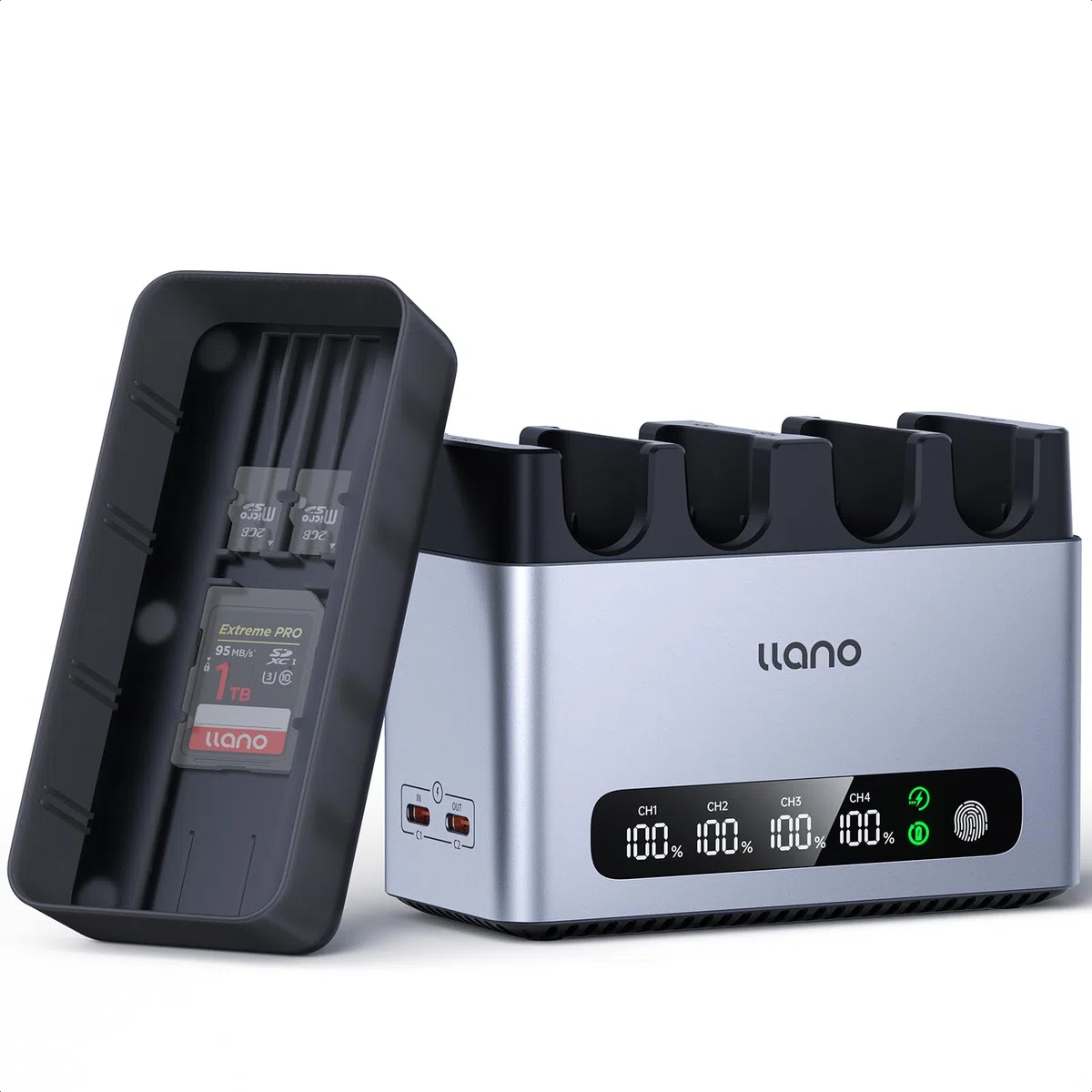llano Caricatore Rapido 4 Slot 65W per Batterie NP-FZ100 Sony, per A7III, A7IV, FX3, FX30, A9, A1, A7C/II, A7RV, A7RIII, A6700, A6600, ZV-E1, ZV-E10II, con Display Digitale e Coperchio Magnetico