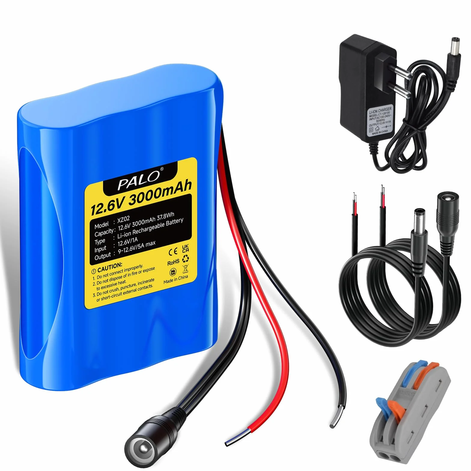 Batteria agli ioni di litio 12,6V 3000 mAh con caricabatterie e 2 linee di collegamento per pannello solare, radio, fotocamere, videocamere, lampada da lettura fai da te, telescopi, sonar