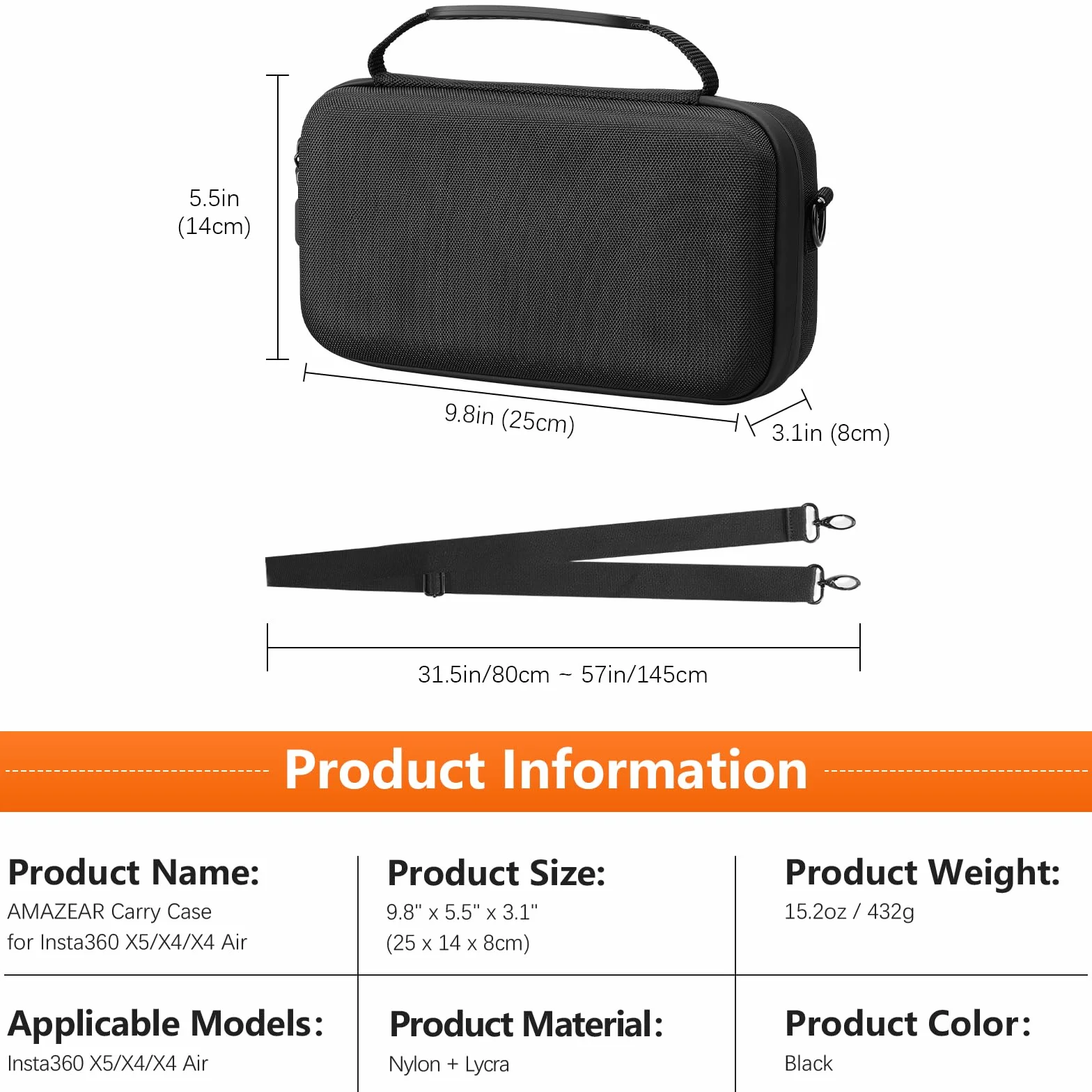 AMAZEAR Custodia da trasporto per accessori Insta360 X5 / X4 Air, Borsa impermeabile, Borsa a tracolla portatile per Insta360 X5 / X4 Air, Compatibile con asta selfie, Totalmente nero, Media