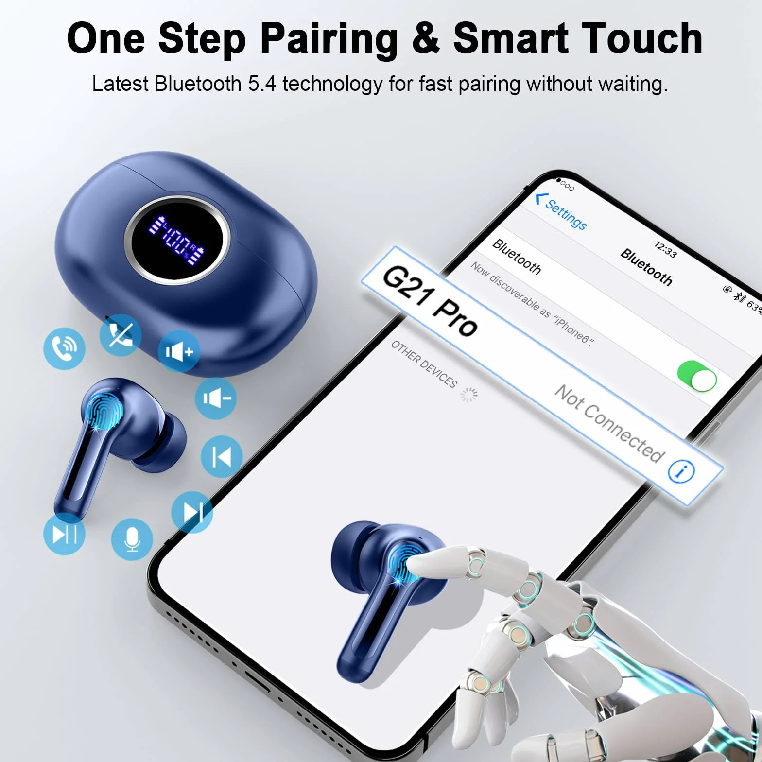 Cuffie Bluetooth, Auricolari Bluetooth 5.4 con 3D Hi-Fi Stereo, Cuffie Wireless con 4 ENC Cancellazione Rumore Mic, Cuffiette Bluetooth 36H LED Display, IP7 Impermeabili/USB-C/Touch Control, Blu Scuro