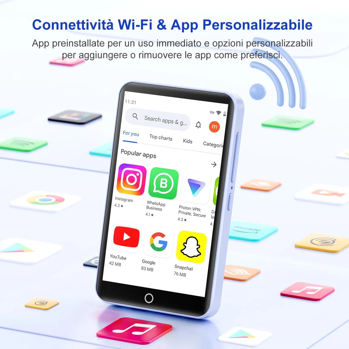 Lettore MP3 da 80 GB con Bluetooth e WiFi, Mp3 e Mp4 Musicale Lettore con Fotocamera, MP3 Player Schermo Tattile da 4.02 pollici, Lettore MP4 Android Portatile con Spotify, Audible, app Play Store