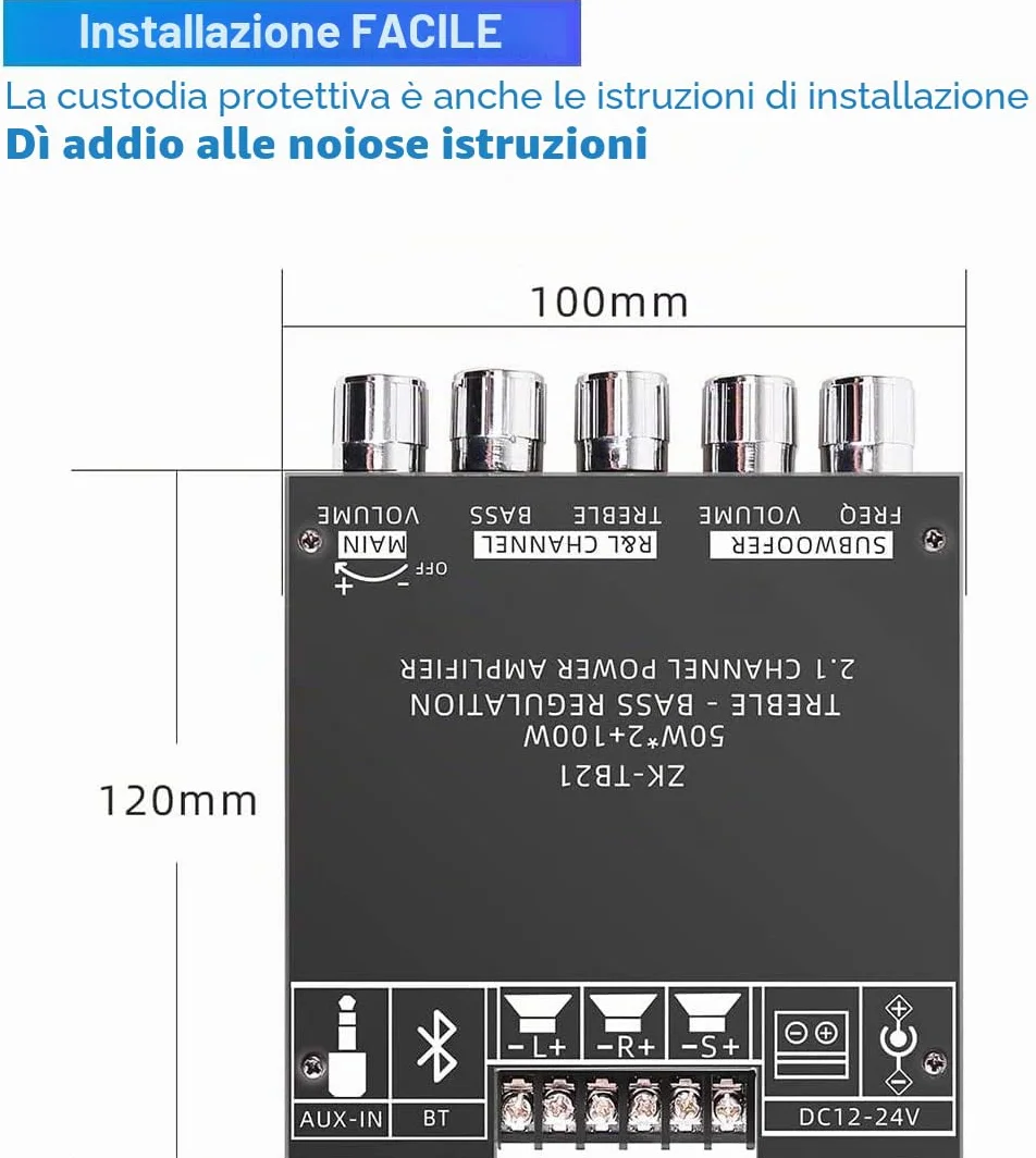 WANGCL 2x50W +100W 2.1 Canali Subwoofer Amplificatore Scheda con Controllo Treble e Bass Dual TPA3116 Chip DC 12-24V Ingressi Bluetooth e AUX Fai da Te Altoparlanti Wireless Scheda AMP