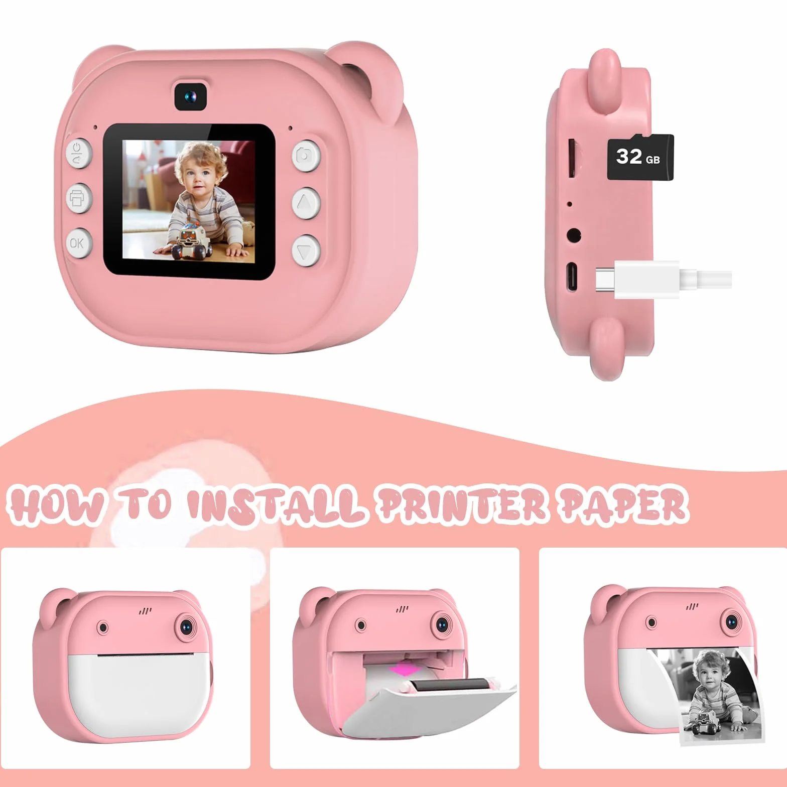 Macchina Fotografica Bambini Istantanea, Fotocamera Digitale con Carta da Stampa e Scheda TF da 32 G, Penne Colora, Regalo Natale Bambino e Bambina 3-14 Anni (Rosa)