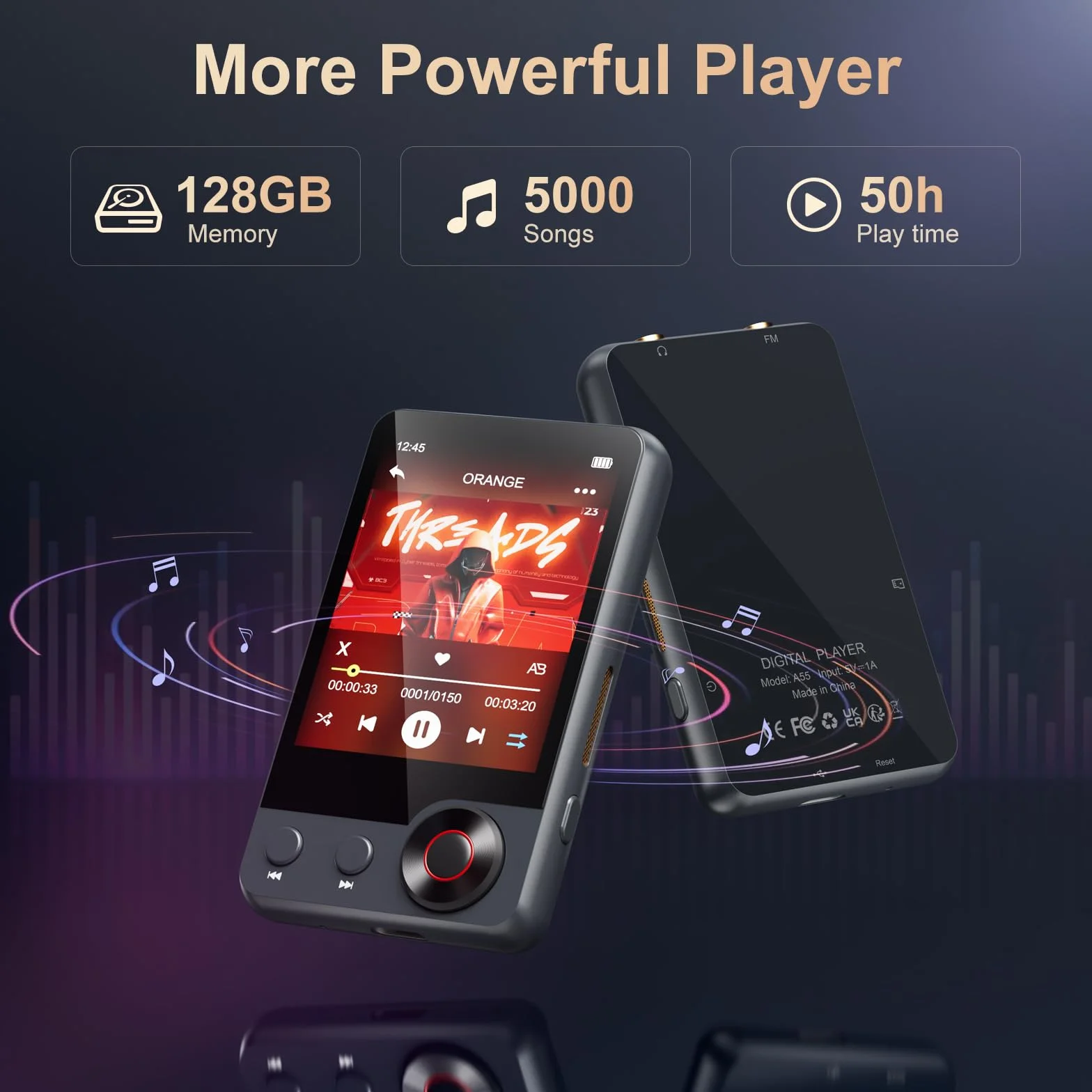 128GB Lettore MP3 con Bluetooth 5.3, Oilsky Lettore Musicale Portatile Touchscreen 2,4" con Altoparlante, MP3 con Radio FM, Registrazione Vocale, Auricolare (Grigio)
