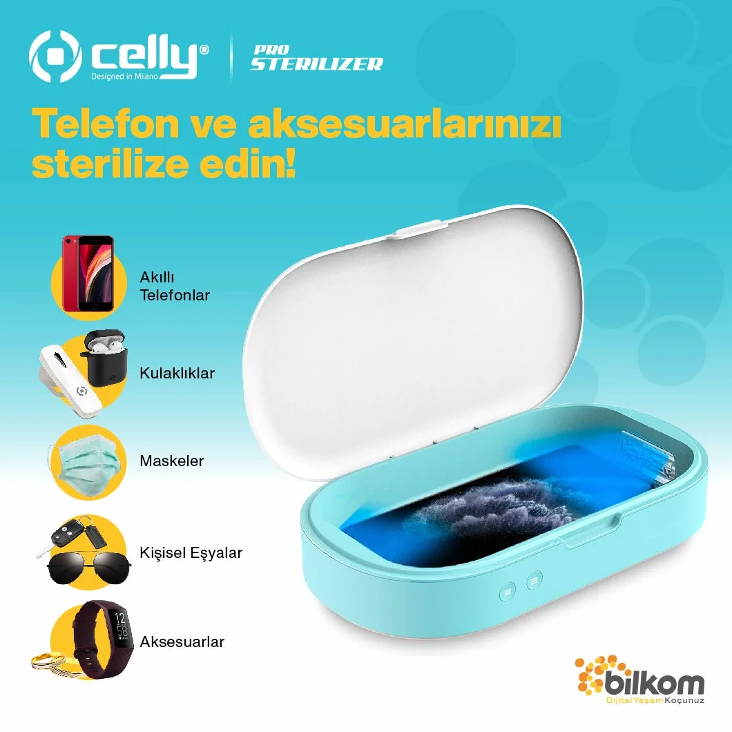 Celly Sterilizzatore UV Universale (certificazioni), Scatola disinfettante con Raggi UV-C e Funzione aromaterapia per Smartphone e Accessori, Orologi, Maschere, Guanti.