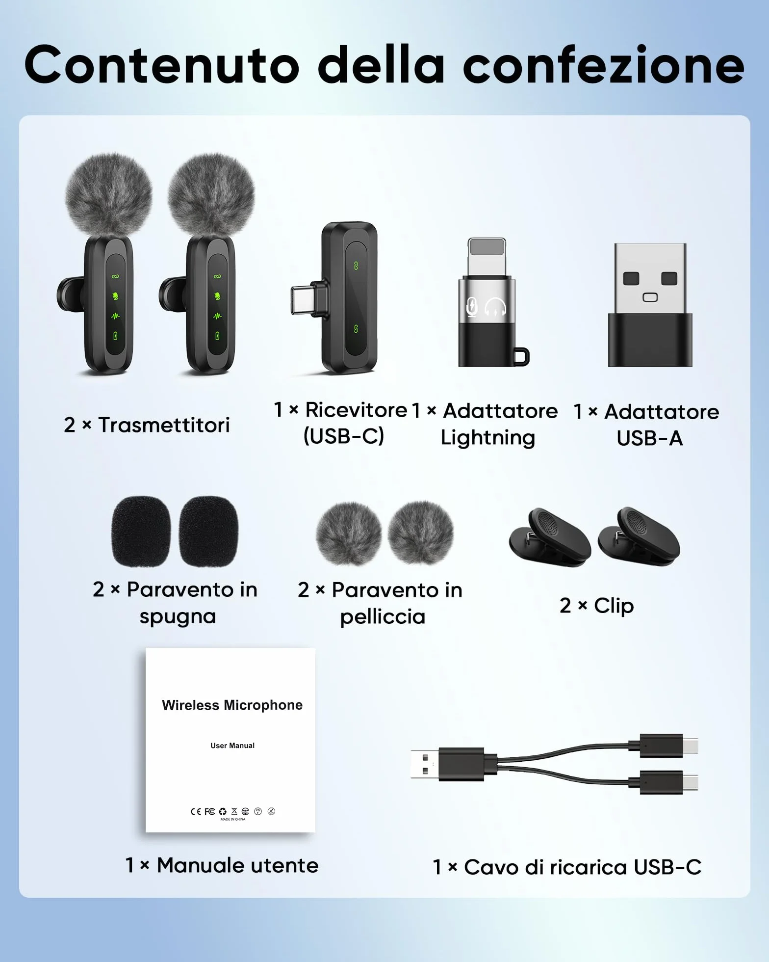 Microfono Lavalier Wireless per iPhone/Android/PC (Lightning/USBC/USB A), 2 Pack LED Display Mini Microfono Bluetooth con Mute/Reverb/Riduzione del Rumore per YouTube/Vlog (USBC+Lightning)