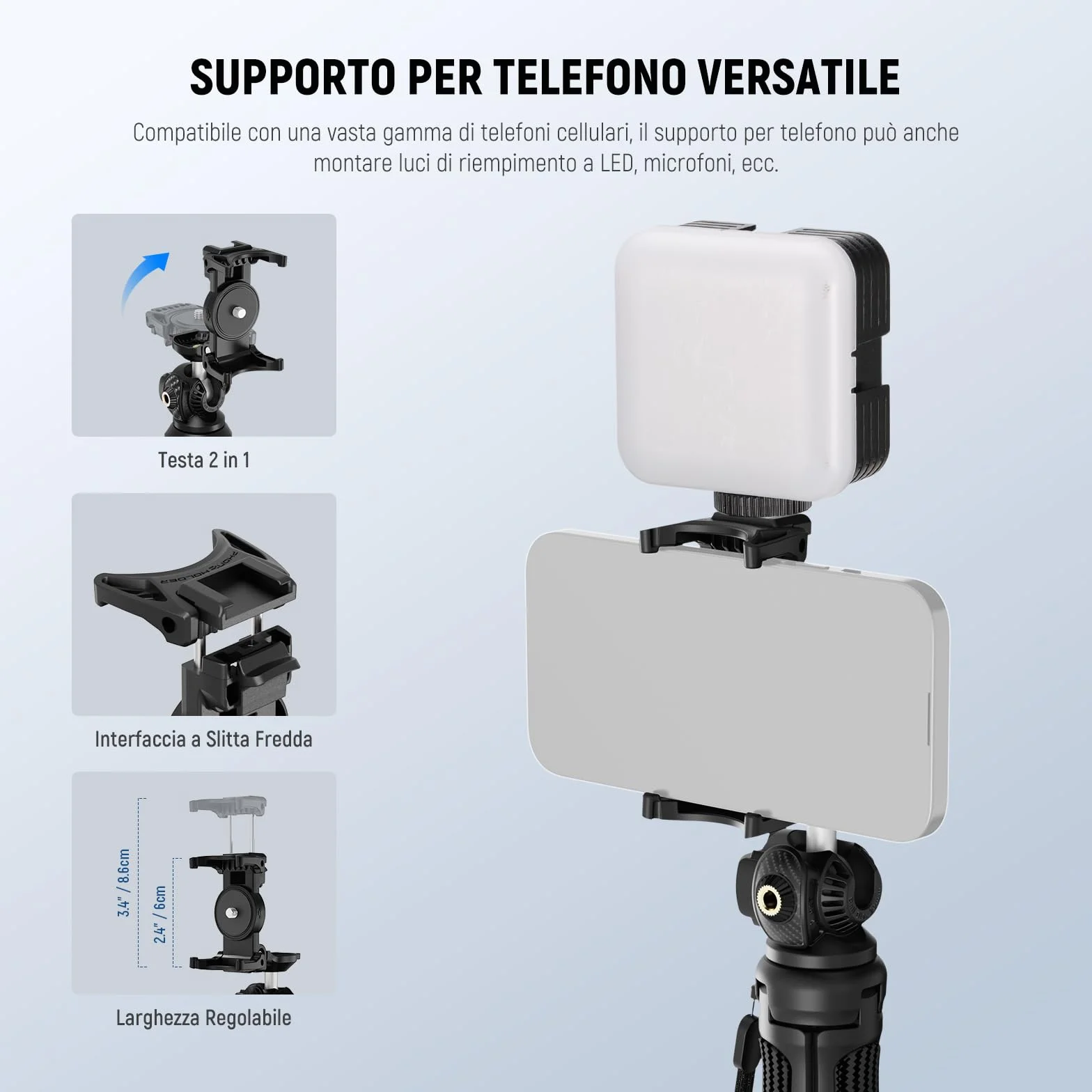 NEEWER TP38 Treppiede Fotocamera Smartphone Selfie Stick con Porta Cellulare Adattatore Action Cam Compatibile con iPhone GoPro, Mini Tripod Supporto Viaggio con Panno Pulizia per Vlog Riprese Video