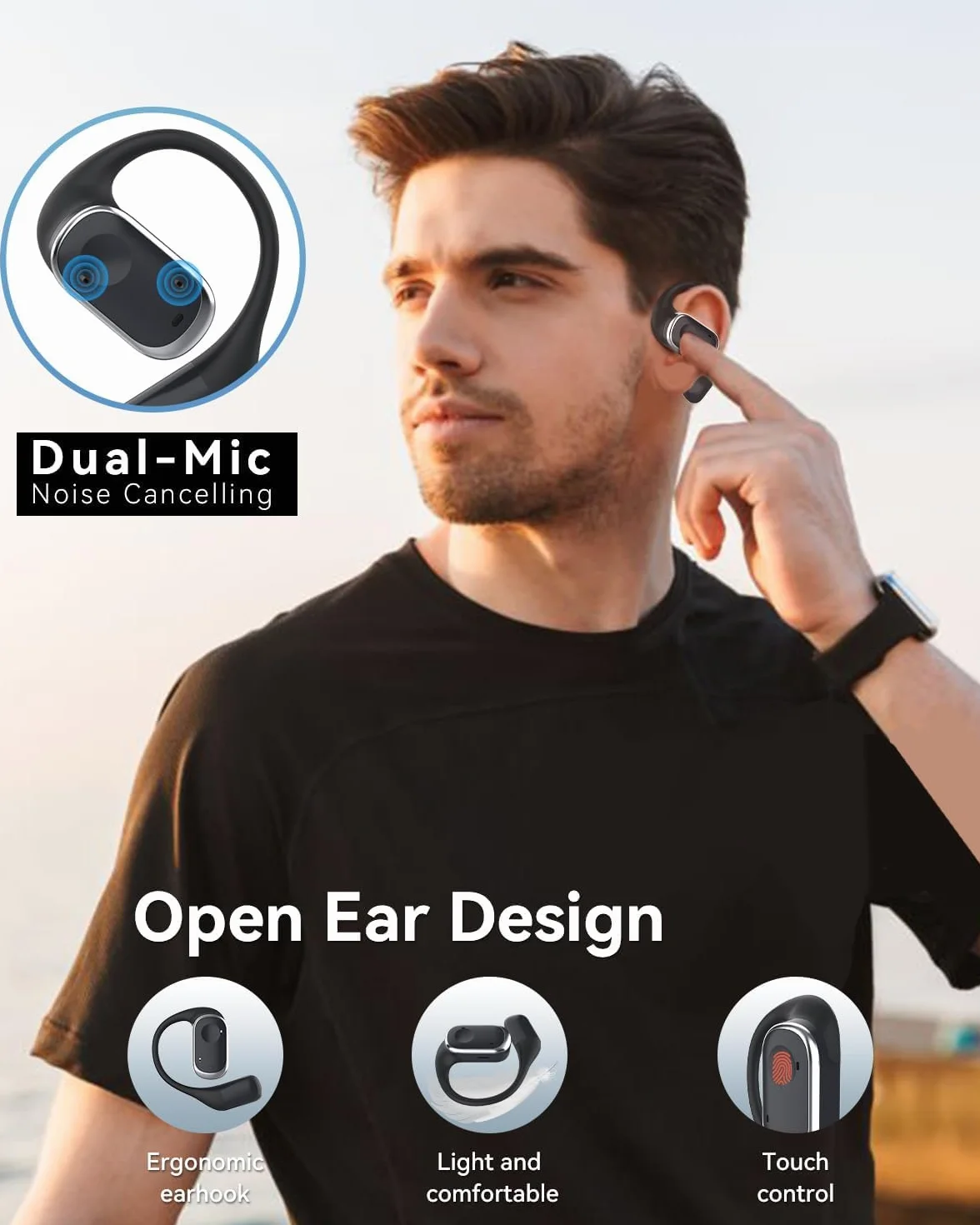 Sanoto Cuffie Bluetooth Sport Open Ear, Auricolari Touch Control Wireless, Impermeabili IPX6, 30 Ore di Riproduzione