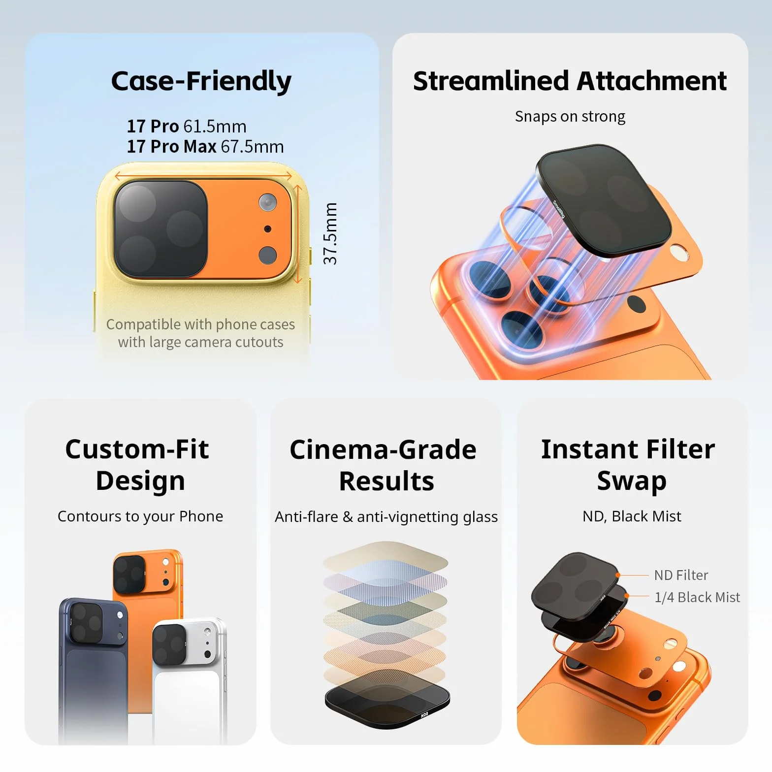 SMALLRIG Kit di Filtri ND e Black Mist per iPhone 17 Pro Max, Filtri Magnetici per Obiettivo con Base di Montaggio, Filtro Diffusore 1/4"/ND2/ND4/ND8/ND16/ND32, Confezione da 6, Arancione - 6075