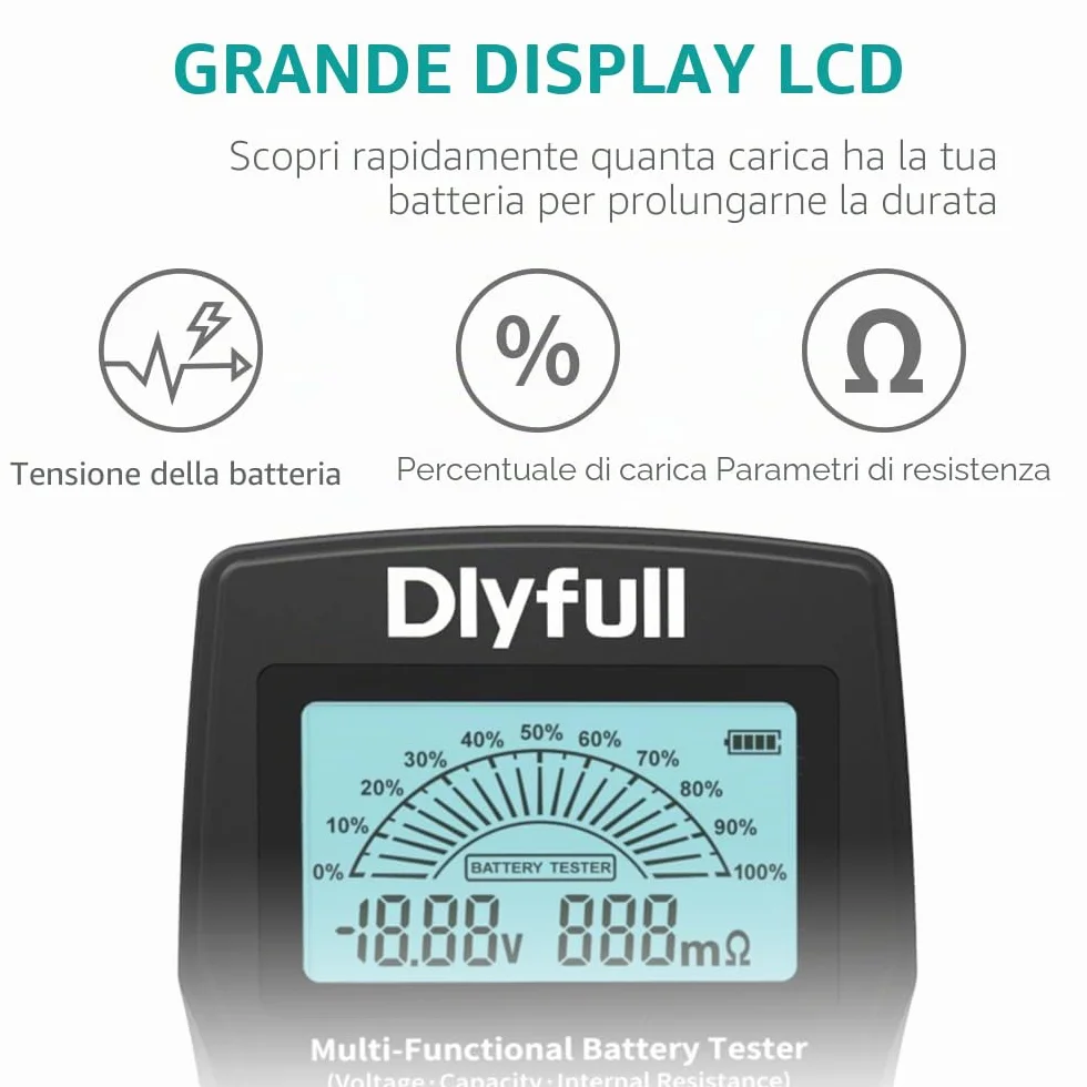 Dlyfull Tester Batterie Stilo Universale per AA AAA C D 9V Ricaricabili e Non Ricaricabili Volt Resistenza Interna Checker