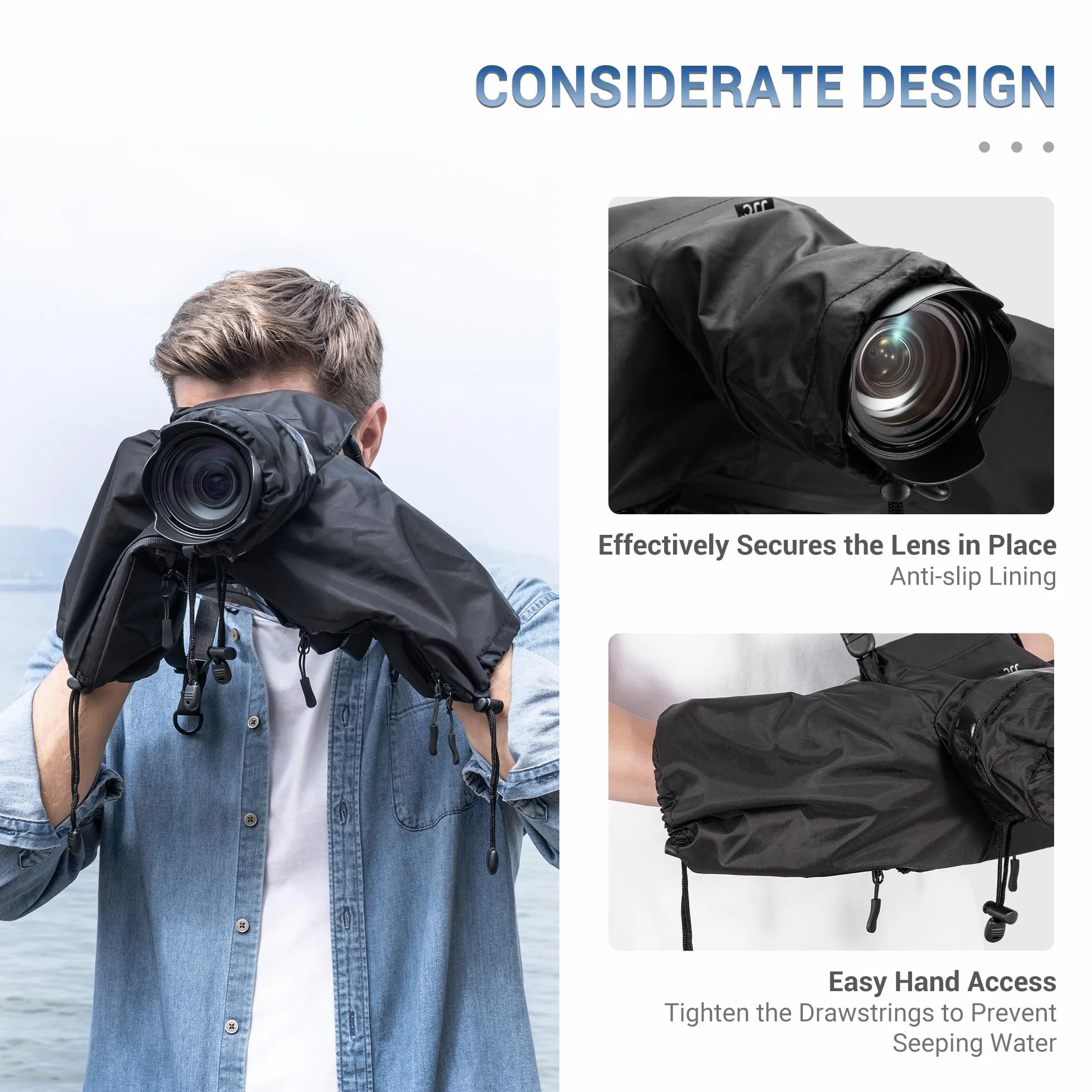 JJC Copertura antipioggia in nylon per fotocamere e obiettivi Canon, Sony, Nikon, lunghezza ≤ 230 mm, montaggio con cinghia e treppiede, finestra di visualizzazione con cerniera, maniche antiscivolo