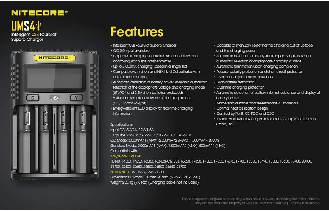 Nitecore Caricatore Universale UMS4 3000mA USB Unisex-Adulto, Nero, L: 159 x l: 107 x H:41