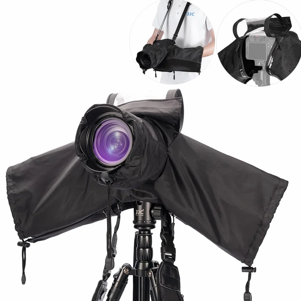 JJC Copertura antipioggia in nylon per fotocamere e obiettivi Canon, Sony, Nikon, lunghezza ≤ 230 mm, montaggio con cinghia e treppiede, finestra di visualizzazione con cerniera, maniche antiscivolo