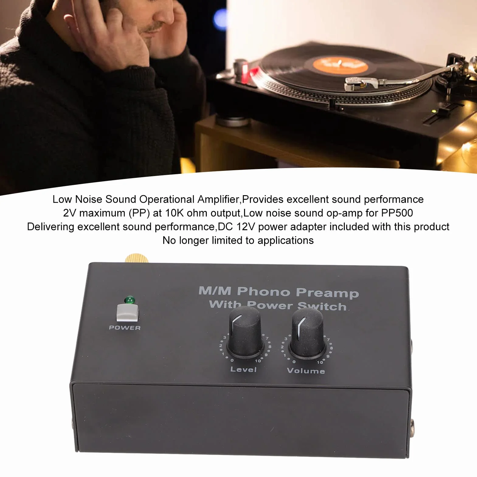 Preamplificatore Fono per Giradischi, Mini Preamplificatore Stereo Audio con Ingresso e Uscita, Basso Rumore, Adattatore 12V CC
