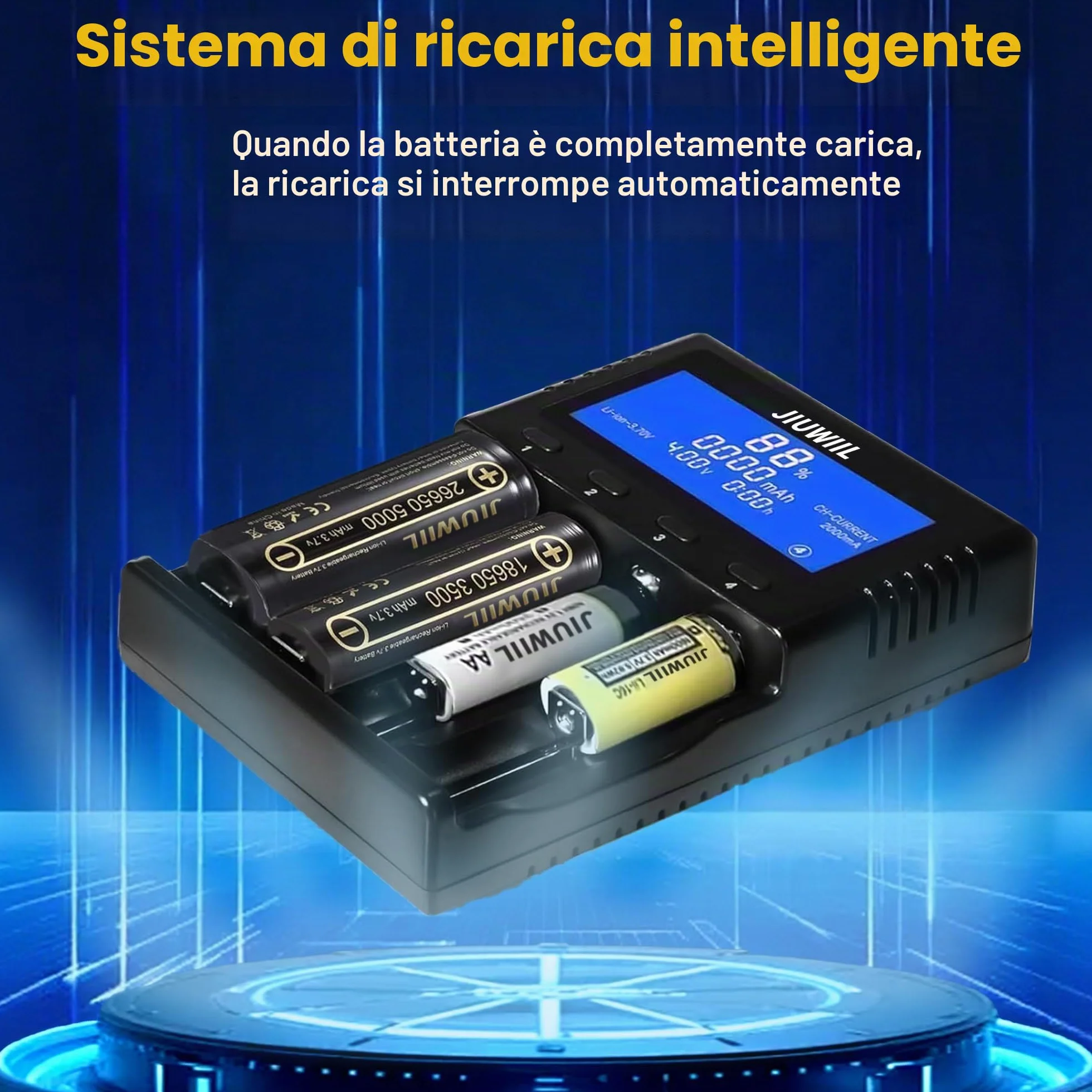Caricabatterie 18650, Caricabatterie Universale a 4 slot con Display LCD per Batterie Ricaricabili Li-Ion 26650 17500 16340 (RCR123) 14500 10440 16340