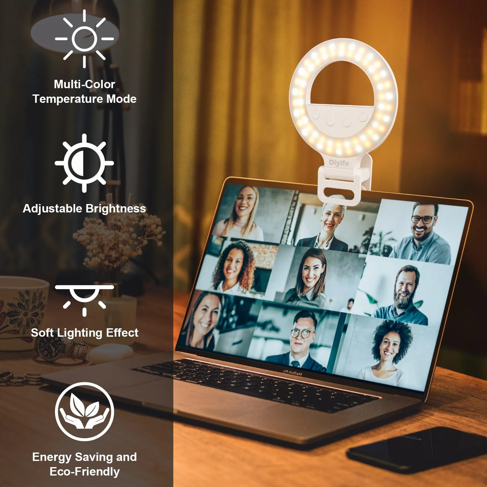 Selfie Ring Light, [1000mAh-Batteria A Lunga Durata]] Diyife Ring Light Telefono, 60 LED 360° Regolabile Clip Luce per Selfie, 10 Livelli di Luminosità, 3 Colori per Tiktok, Live Stream, Trucco