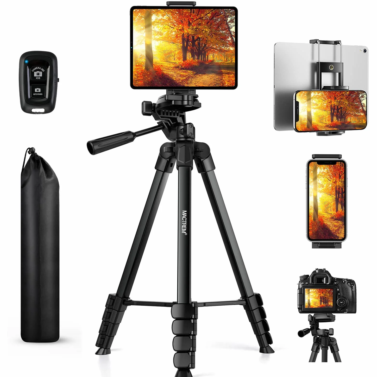 Treppiede Smarthphone, Nuovo 172cm/67in Treppiedi Fotocamera Cavalletto Smartphone per iPhone/Samsung/Huawei/iPad/Reflex, Cavalletto Telefono con Supporto Telefono e Telecomando Bluetooth