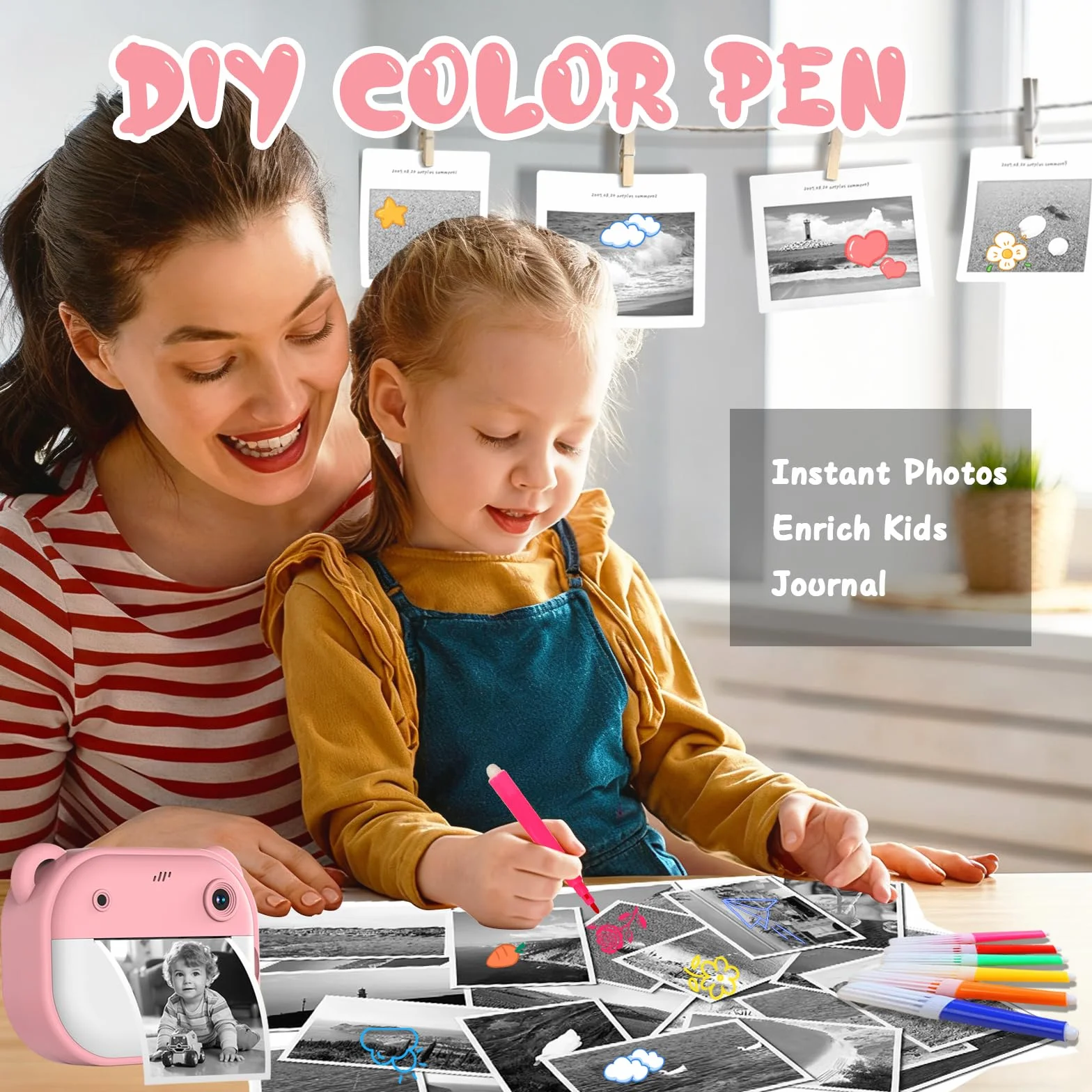 Macchina Fotografica Bambini Istantanea, Fotocamera Digitale con Carta da Stampa e Scheda TF da 32 G, Penne Colora, Regalo Natale Bambino e Bambina 3-14 Anni (Rosa)