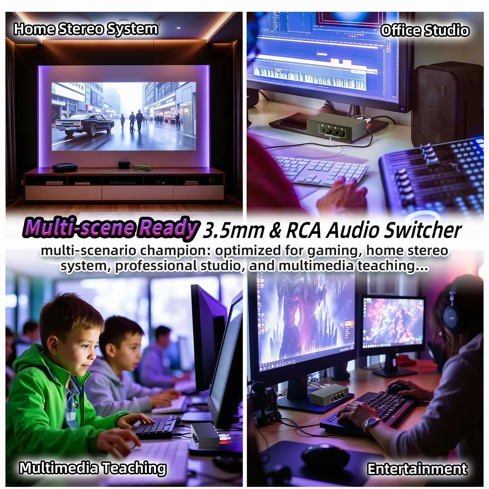 Interruttore audio AUX + RCA L/R da 3,5 mm, 4 in 1 uscita, bidirezionale, selettore audio stereo BolAAzuL 4 x 1 passivo a/b analogico, nessun bisogno di alimentazione