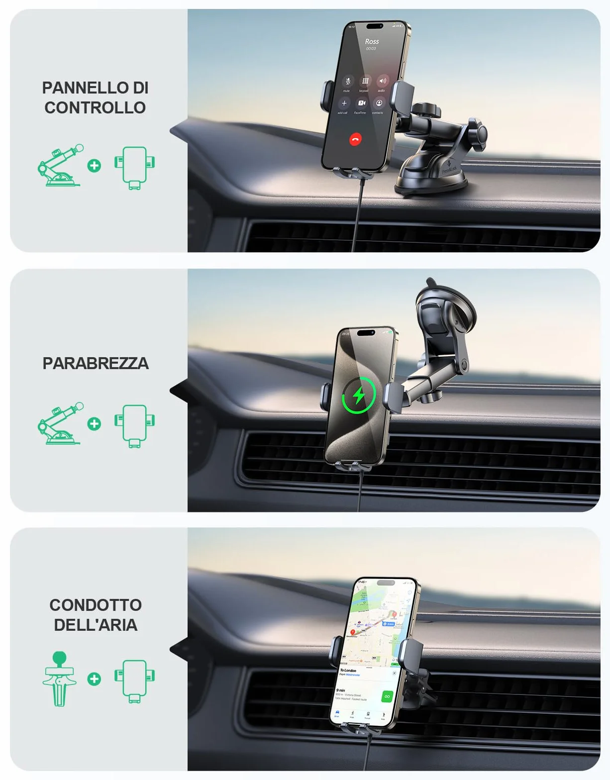 Glangeh 15W Caricatore Wireless Auto, [Ventosa+Clip+QC3.0] Automatico-Bloccaggio Ricarica Wireless Auto, Porta Cellulare Veicolo Ricarica Senza Fili Compatibile con iPhone 17 Pro Max/17 Plus/16 Pro/15