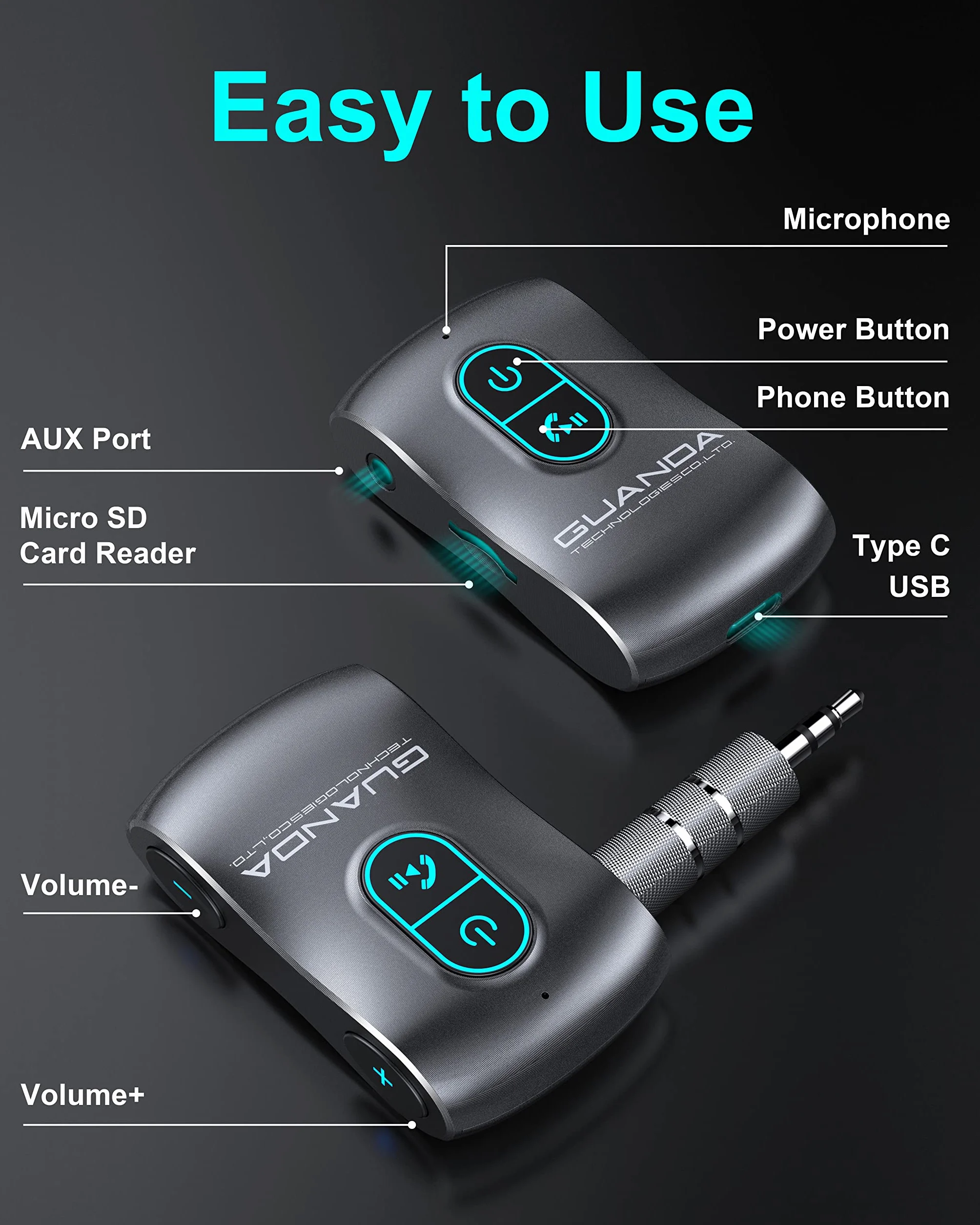 Ricevitore Bluetooth 5.0, adattatore Bluetooth AUX con cancellazione del rumore per autoradio/PC/TV/Stereo domestico/Cuffie cablate/Altoparlante W Slot per scheda Micro SD S Chiamate in vivavoce