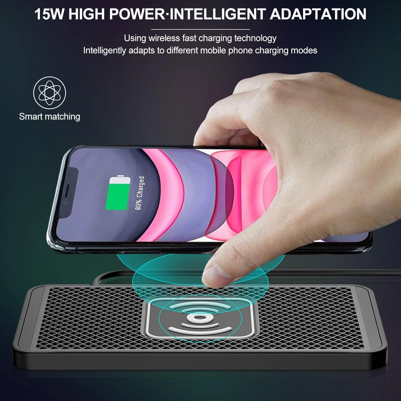 VOBOR Caricatore Wireless Auto, 15W Tappetino Ricarica Wireless Auto, Caricabatterie Senza Fili Antiscivolo per Telefoni cellulari, Cuffie, ecc. (TypeC 1m)