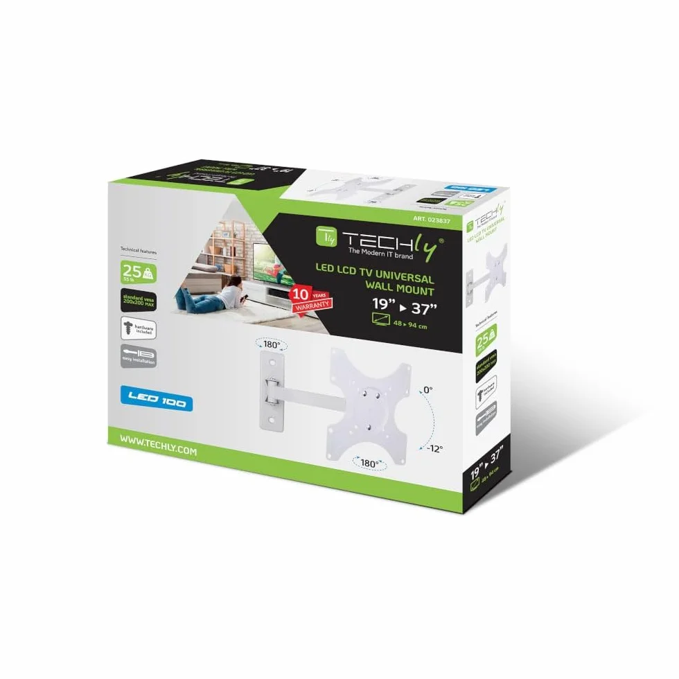 Techly 023837 Supporto a Muro per TV LED LCD 19-37" inclinabile 2 snodi Bianco Bianco