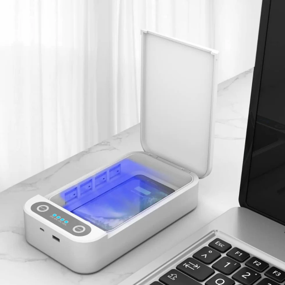 TopHomer Scatola disinfettante per luce UV, Scatola per la pulizia della maschera delle chiavi del telefono cellulare, funzione di aromaterapia, ricarica USB, bianco