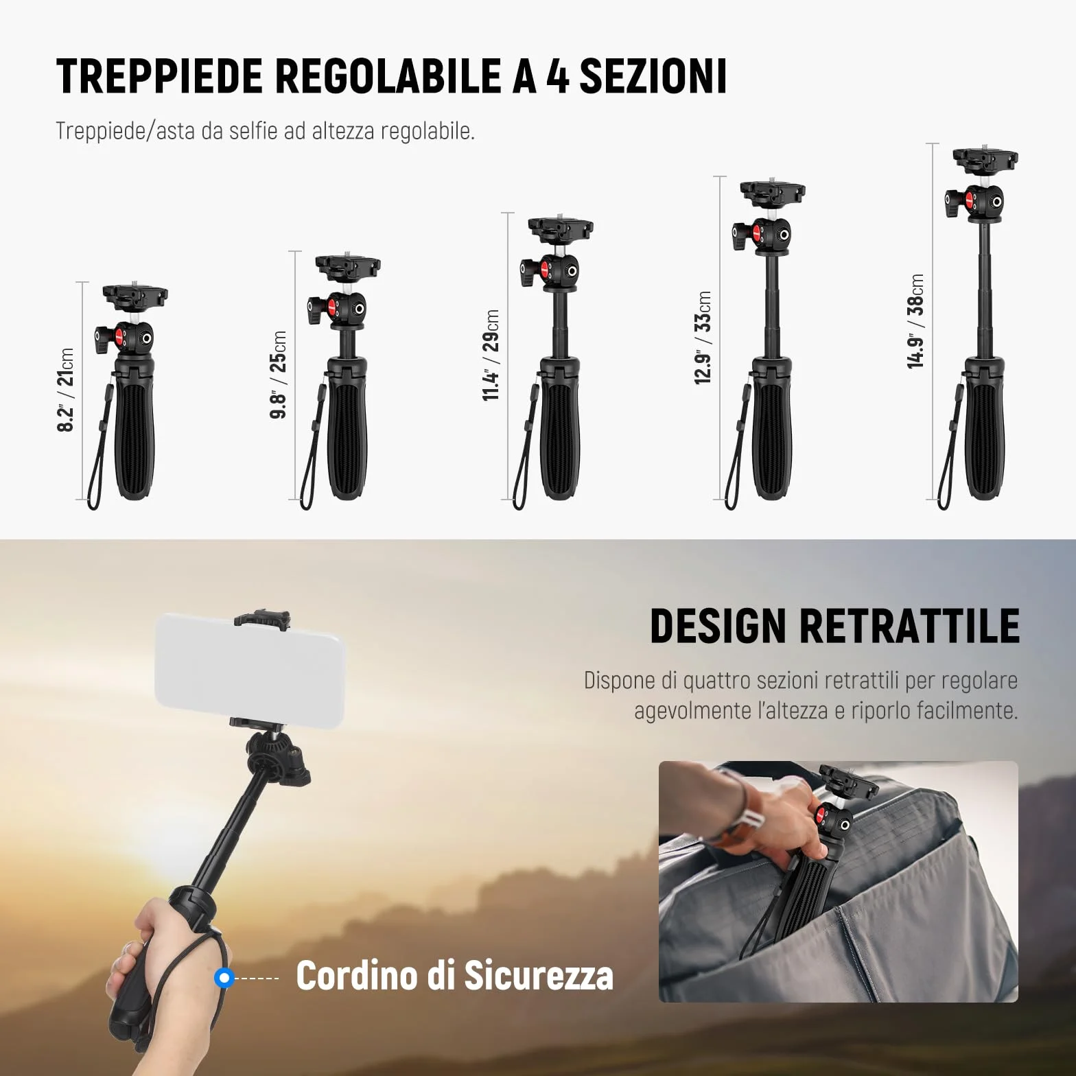NEEWER TP38 Treppiede Fotocamera Smartphone Selfie Stick con Porta Cellulare Adattatore Action Cam Compatibile con iPhone GoPro, Mini Tripod Supporto Viaggio con Panno Pulizia per Vlog Riprese Video