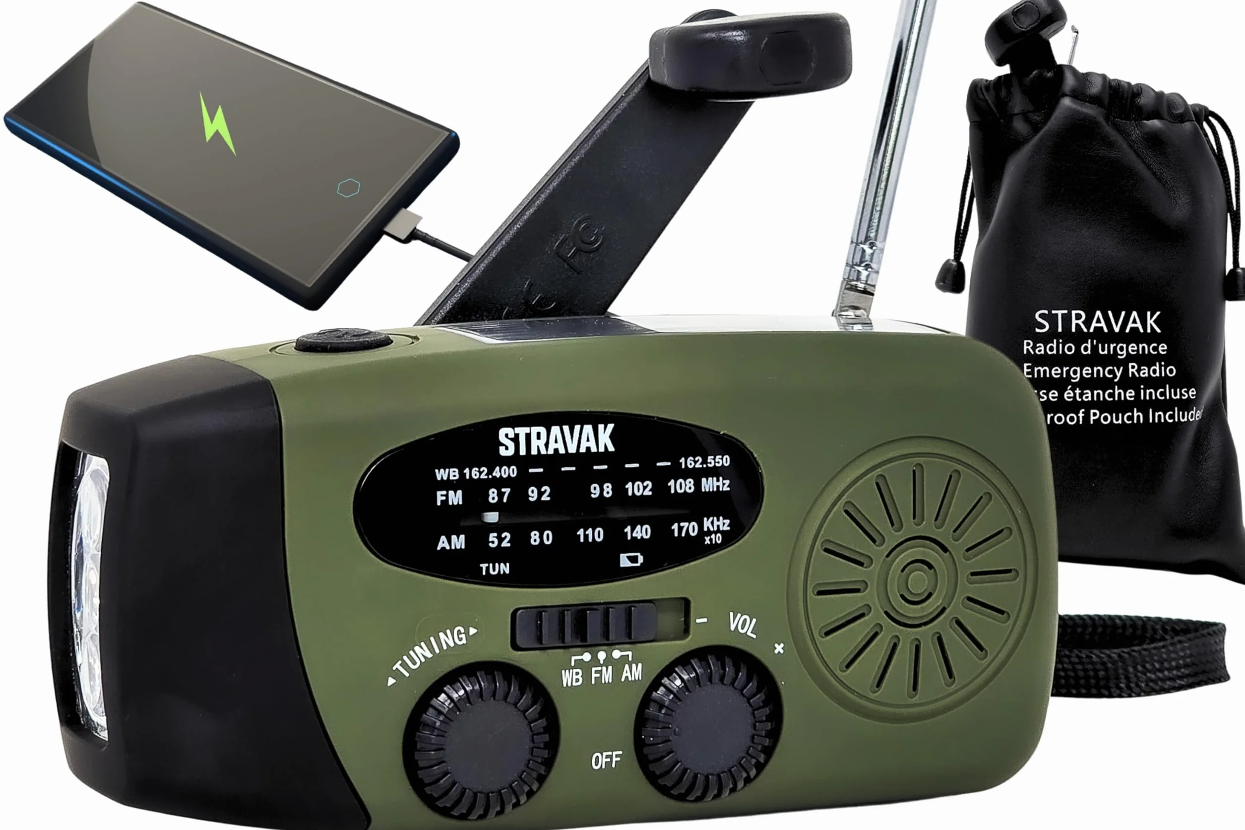 Radio di emergenza solare a manovella con torcia LED, power bank USB-C 2000 mAh e sirena SOS