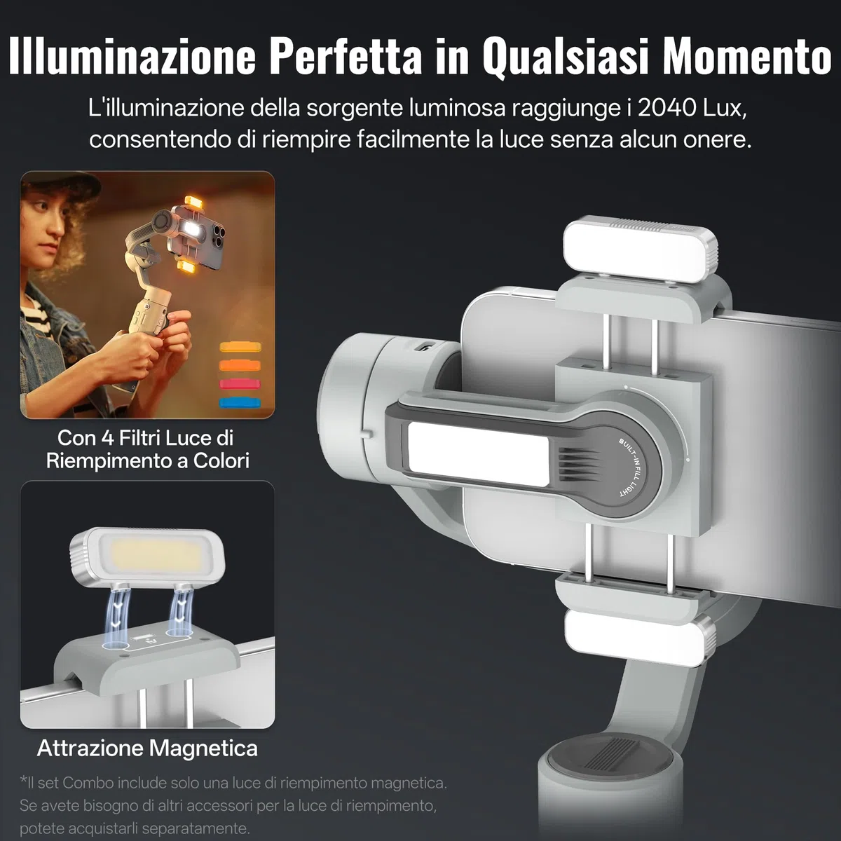 ZHIYUN CINEPEER SMOOTH 5E Combo Stabilizzatore per Smartphone, Intelligent AI Tracking, Luce di Riempimento Integrata & Magnetica, 3 Assi Gimbal, Modifica Intelligente, Carico 300g
