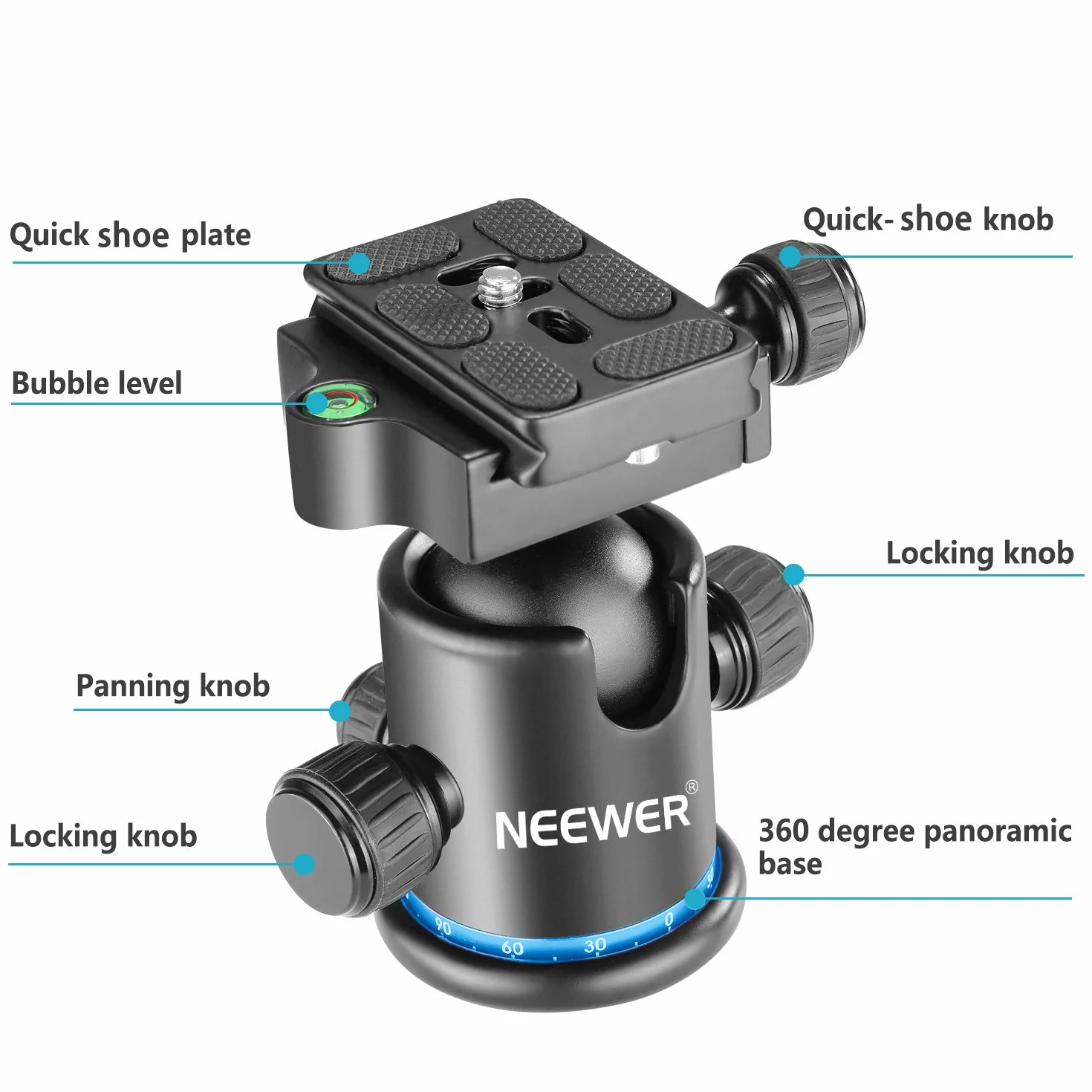 NEEWER Testa a Sfera per Treppiede 36MM Panoramica a 360° Piastra a Sgancio Rapido Arca, Vite 1/4" Filettato 3/8", Carico Massimo 17,6 lb/8 kg, per Monopiede, Fotocamera DSLR, Videocamera (Blu)