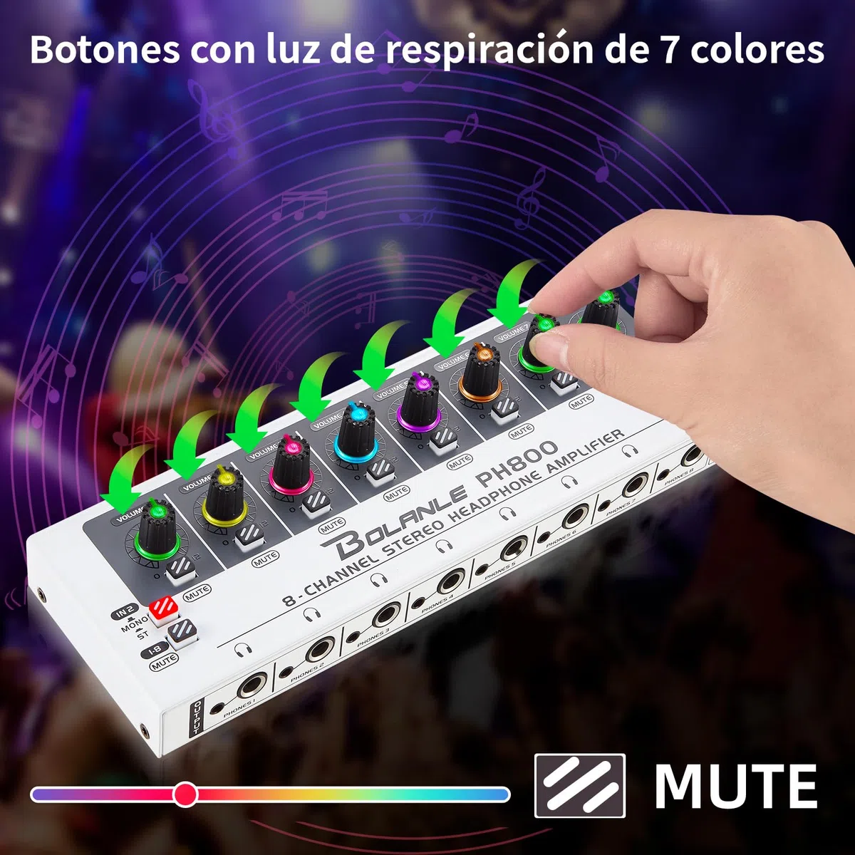 Bolanle PH800 Amplificatore per cuffie a 8 canali con potenza ad alta uscita, splitter per cuffie a 16 uscite (8 x 3,5 mm e 8 x 6,35 mm), interruttore mono/stereo, LED, guida fino a 250 Ω cuffie per