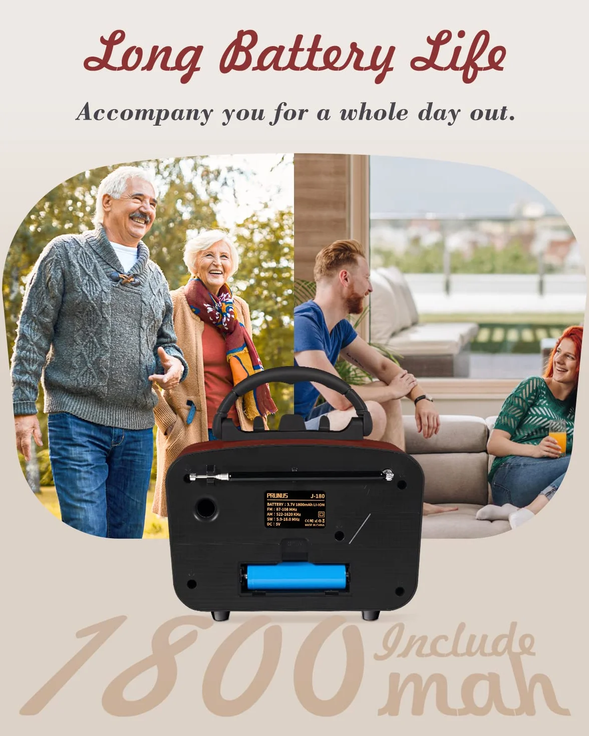 PRUNUS J-180 Radio Portatile FM AM MW SW Bluetooth con Batteria 1800mAh, Supporta TF Card AUX USB