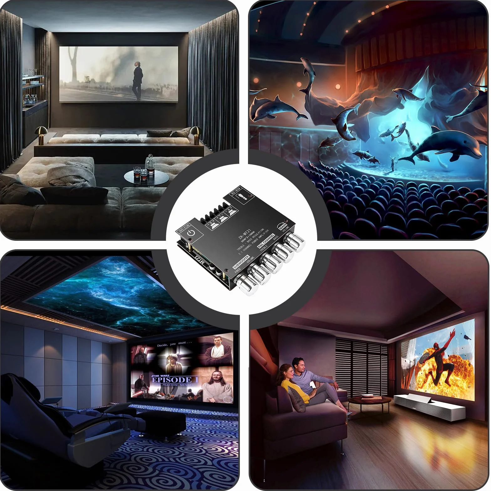 Amplificatore audio HiFi: 2 x 50 W + 100 W subwoofer 2.1 canali, amplificatore scheda con Bluetooth alti e controllo dei bassi, ingressi Bluetooth e AUX, DC 12-24 V per altoparlanti passivi