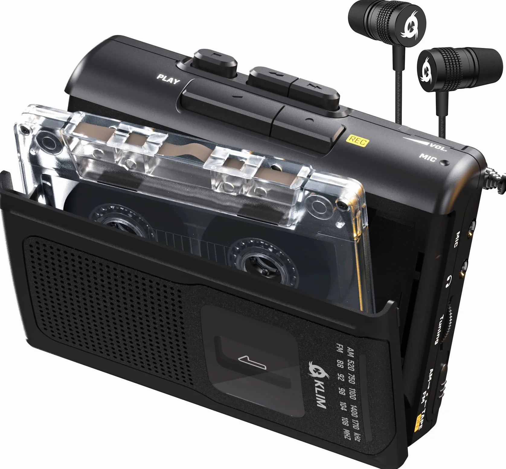 KLIM K8 Lettore Cassette Audio con Cuffie F1 - Registratore Cassette AM/FM Radio - Microfono e Altoparlante Integrati - Nero