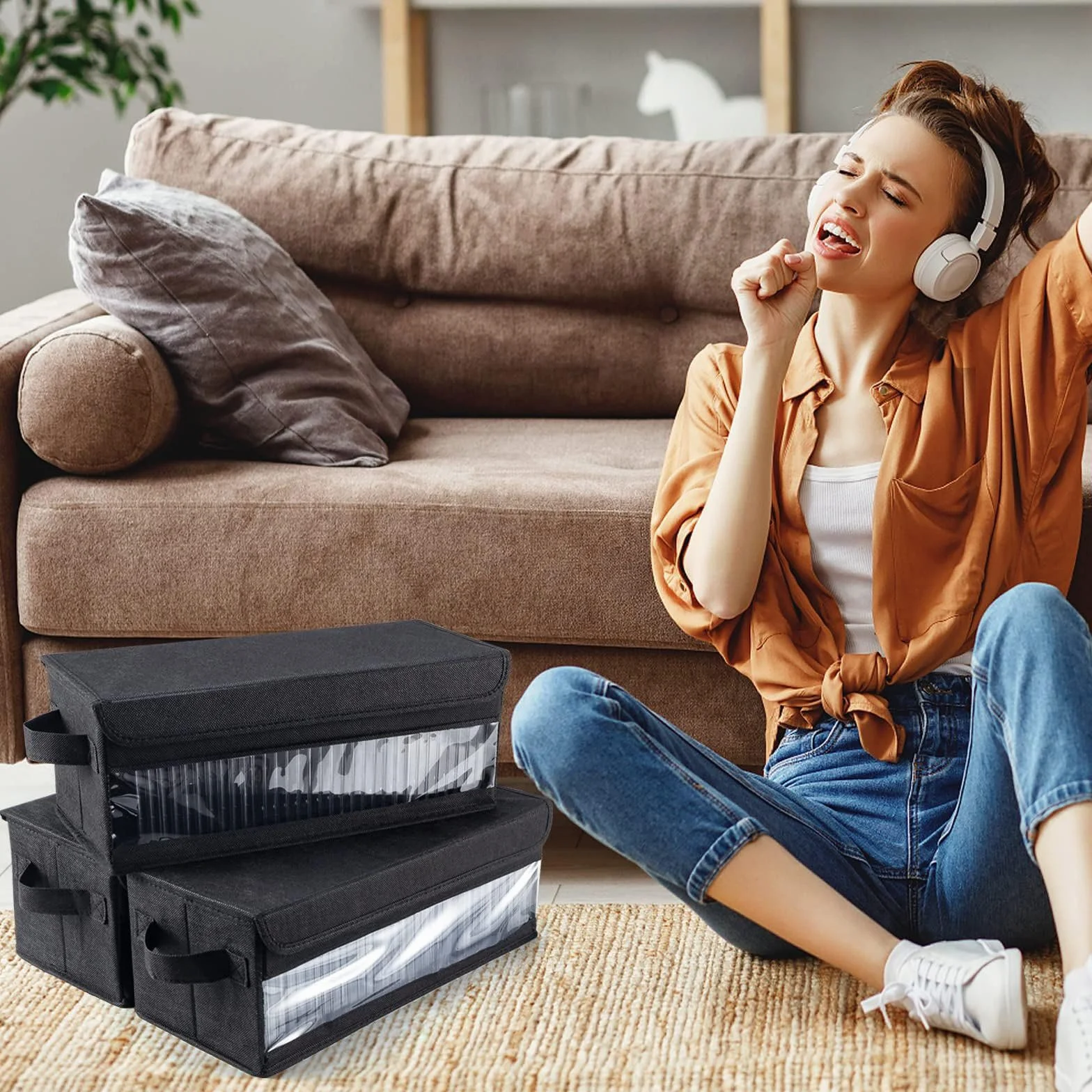Scatola Porta CD con Coperchio,porta cd portatile Con finestra di visualizzazione,Contenitori Impilabili con Coperchio Pieghevole per 32 CD per Casa e Auto, Nero