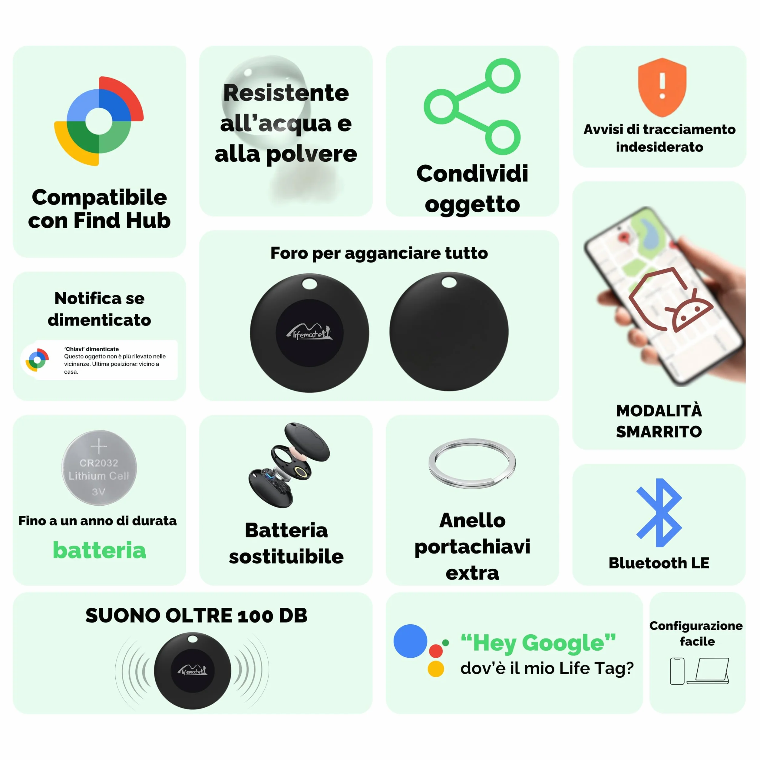 Lifemate Tag Android 4 Pack – Localizzatore GPS Bluetooth IP67 Impermeabile Trova Chiavi e Oggetti Smarriti