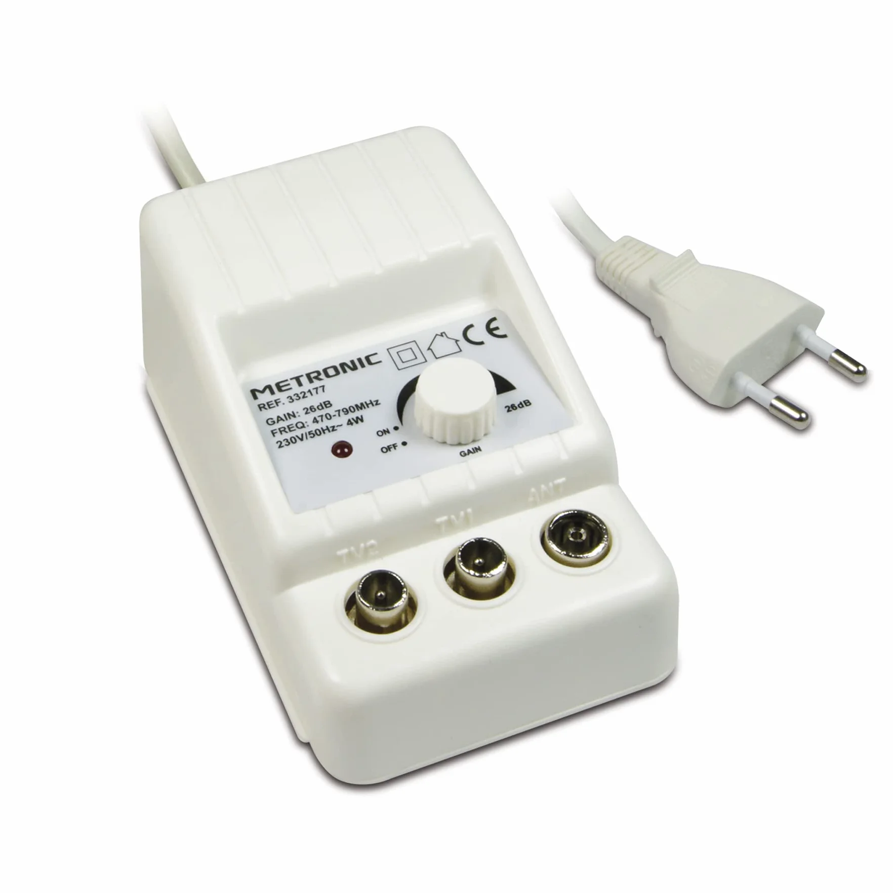 Metronic - 332177, Amplificatore antenna TV da interno per canali TDT, compatibile 4G/5G, 26 dB, 2 uscite con presa TV 9,52 mm, bianco