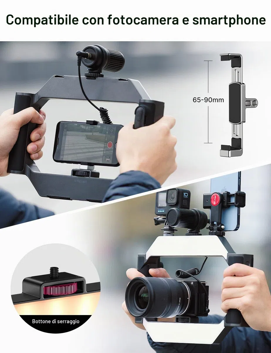 ULANZI U-Rig Smartphone Video Rig con Luce, 2500K-9000K, Stabilizzatore per Telefoni Cellulari, Compatibile con iPhone Galaxy Huawei, Smartphone da 4-7 Pollici e Fotocamere SLR