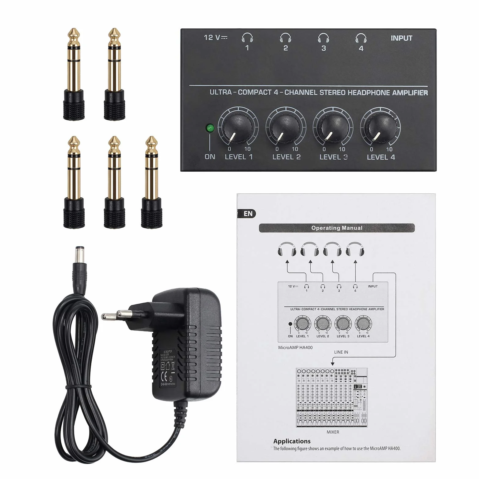 Neoteck HA400 Amplificatore Per Cuffie a 4 Canali Ultracompatto Amplificatore per Cuffie Stereo con 5 PZ Adattatore Audio Jack da 6.3mm a 3.5mm