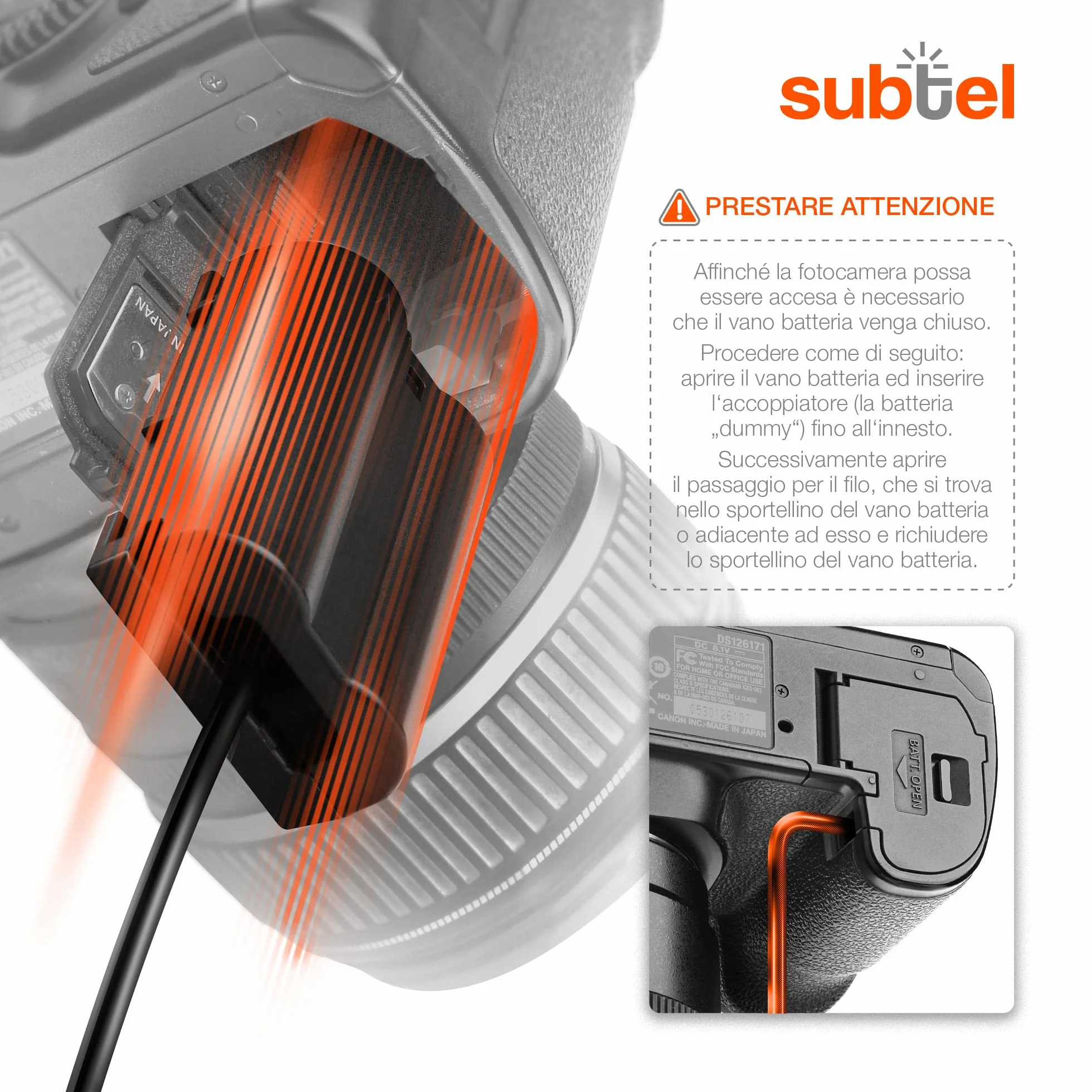 subtel Alimentatore DMW-AC8 + DMW-DCC12 compatibile con ca. 3m + DC Coupler accu Adattatore, Alimentazione da corrente di rete Accoppiatore CC, dummy battery