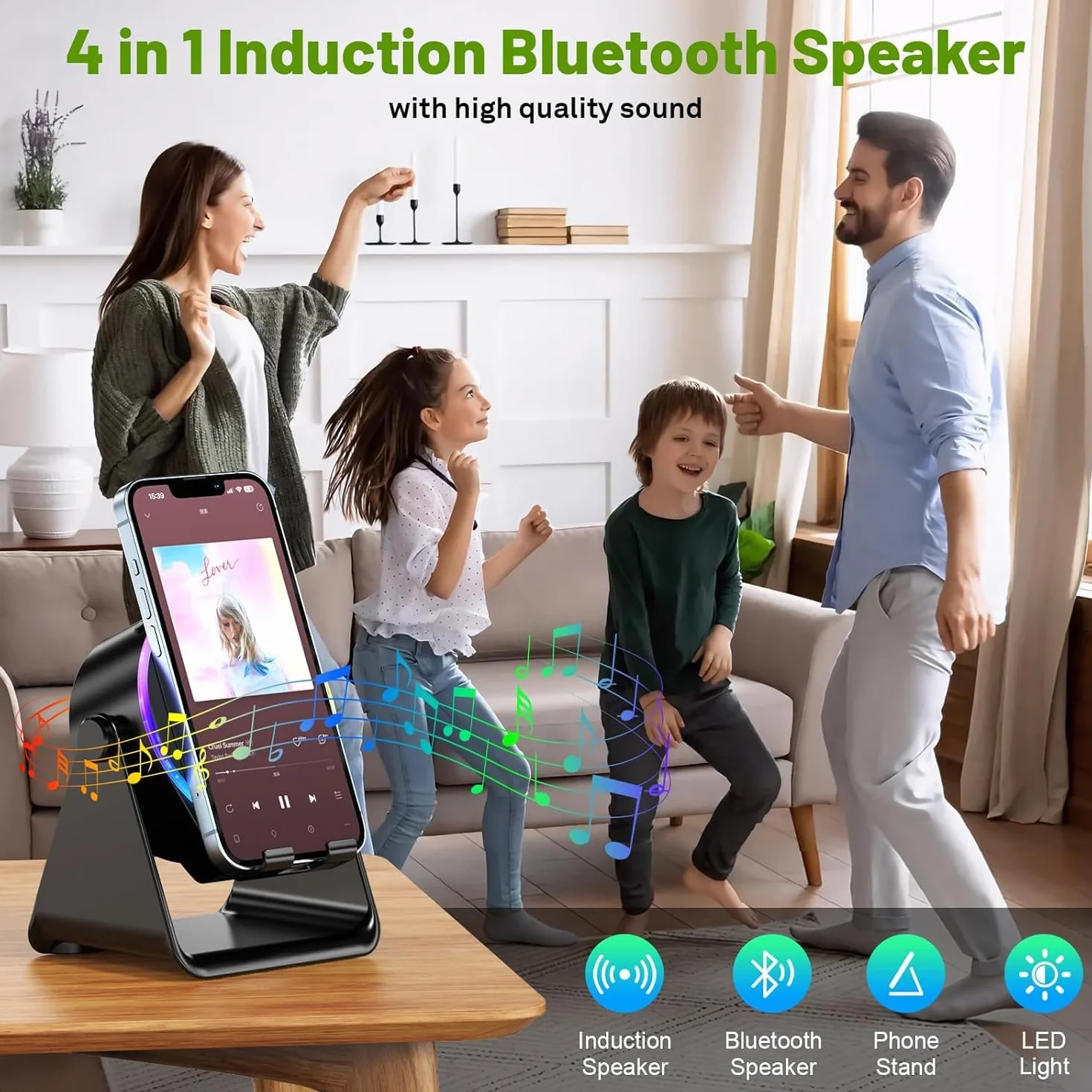 Altoparlante Bluetooth a induzione wireless 5 in 1 con supporto rotondo regolabile per telefono, altoparlante Bluetooth stereo multifunzionale, luce ambientale 8 RGB e lunga durata della