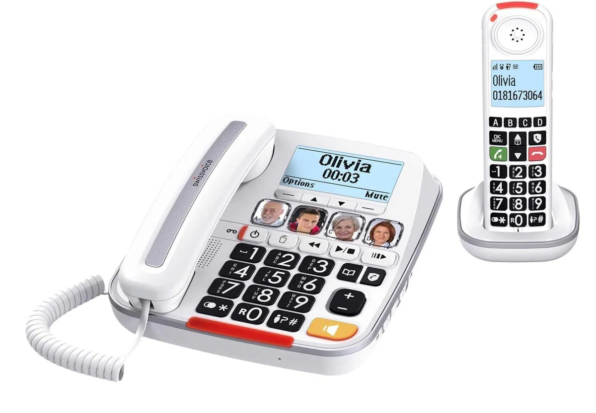 Swissvoice Telefono Combo per Anziani Cordless + Fisso Amplificato Suoneria Forte Volume Alto Vivavoce Tasti Grandi Parlanti Call Blocker Black List Blocco Chiamate Segreteria Apparecchi Acustici HAC