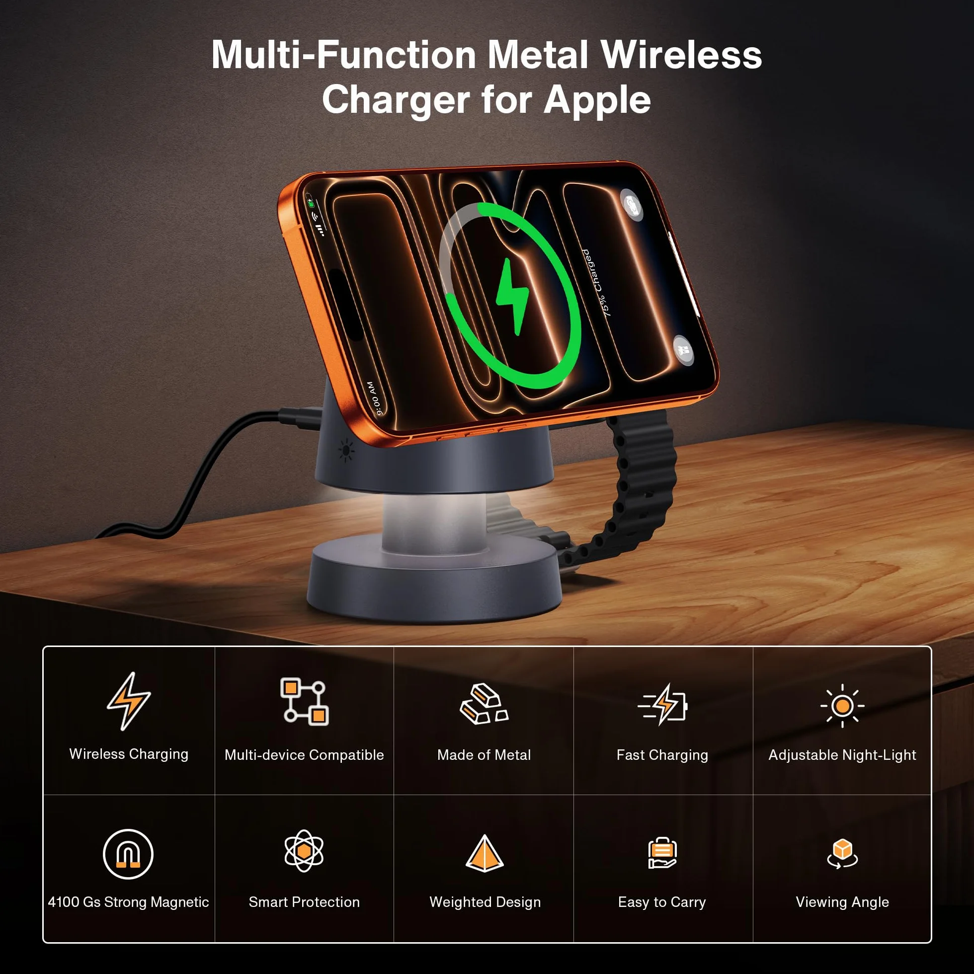 iVANKY 4 in 1 Caricabatterie wireless per iPhone 17e Stazione di ricarica con luce notturna, Qi2 15W 3 in 1 MagSafe caricabatterie per iPhone 17/16/15/14/13/12/11/Pro/Max, Apple iWatch, Airpods