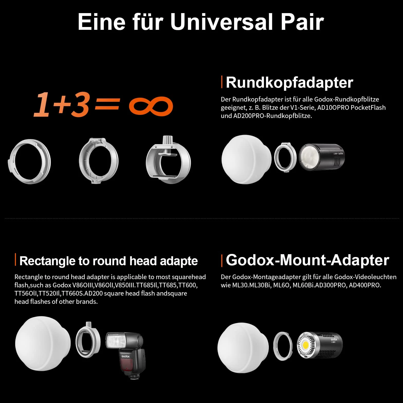 Godox ML-CD15 - Kit cupola di diffusione (3 anelli adattatori inclusi), diffusore pieghevole per ML30 ML30Bi ML60 ML60Bi V1S V1C V1N V1O V1F V850III V860III TT685II AD100/200/300/400Pro
