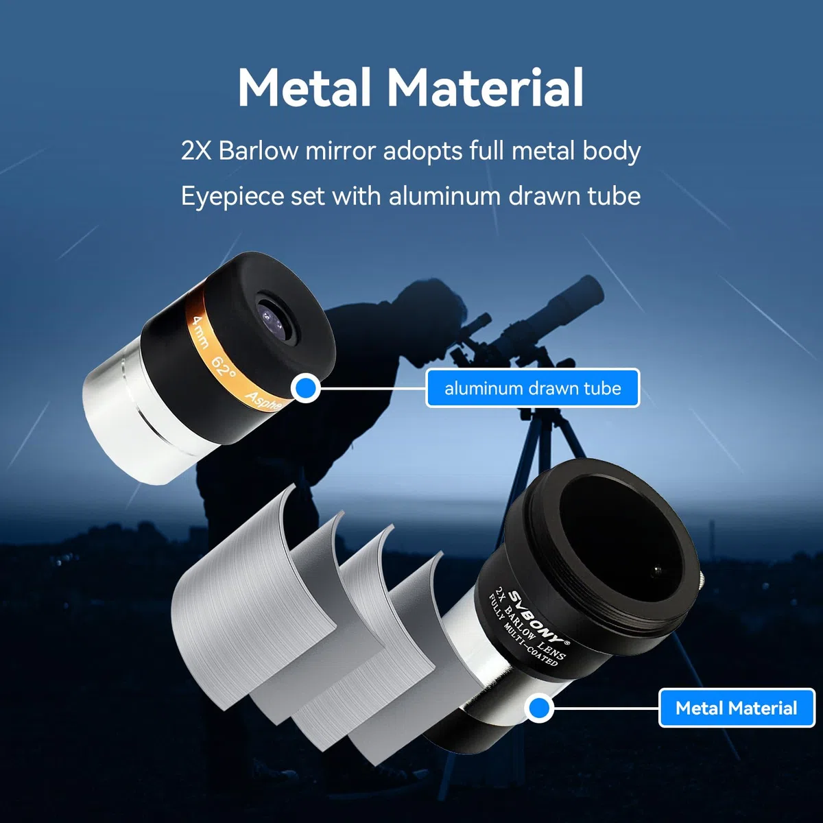 Svbony Oculare Set con Barlow Lente 2x, 4mm 10mm 23mm 62 gradi Grandangolo Planetario Oculare Kit e Barlow in metallo, 1,25 pollici Lente FMC per Osservazioni di Galassie Planetarie Lunari