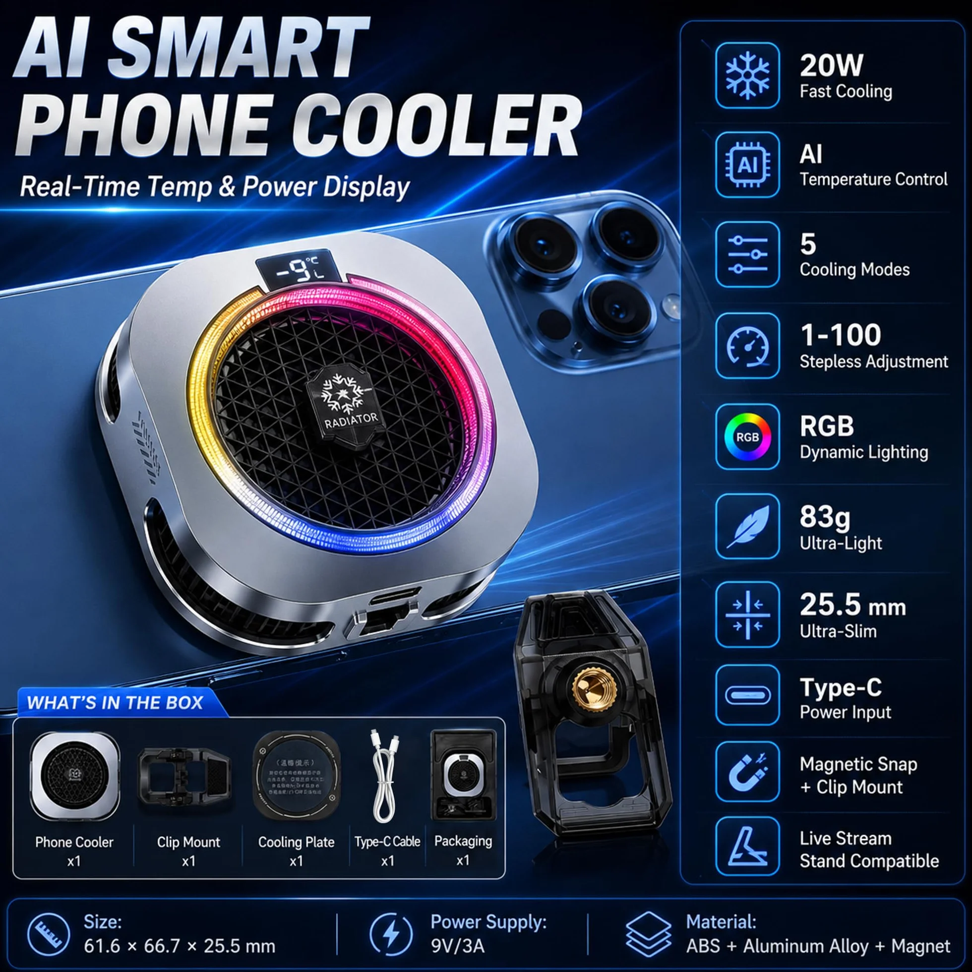 auvstar Raffreddatore Telefono,Phone Cooler RGB,Ventola Raffreddamento elefono Portatile RGB,Raffredda Telefono Leggero e Silenzioso,Adatto per Giochi/Live Streaming (Argento)